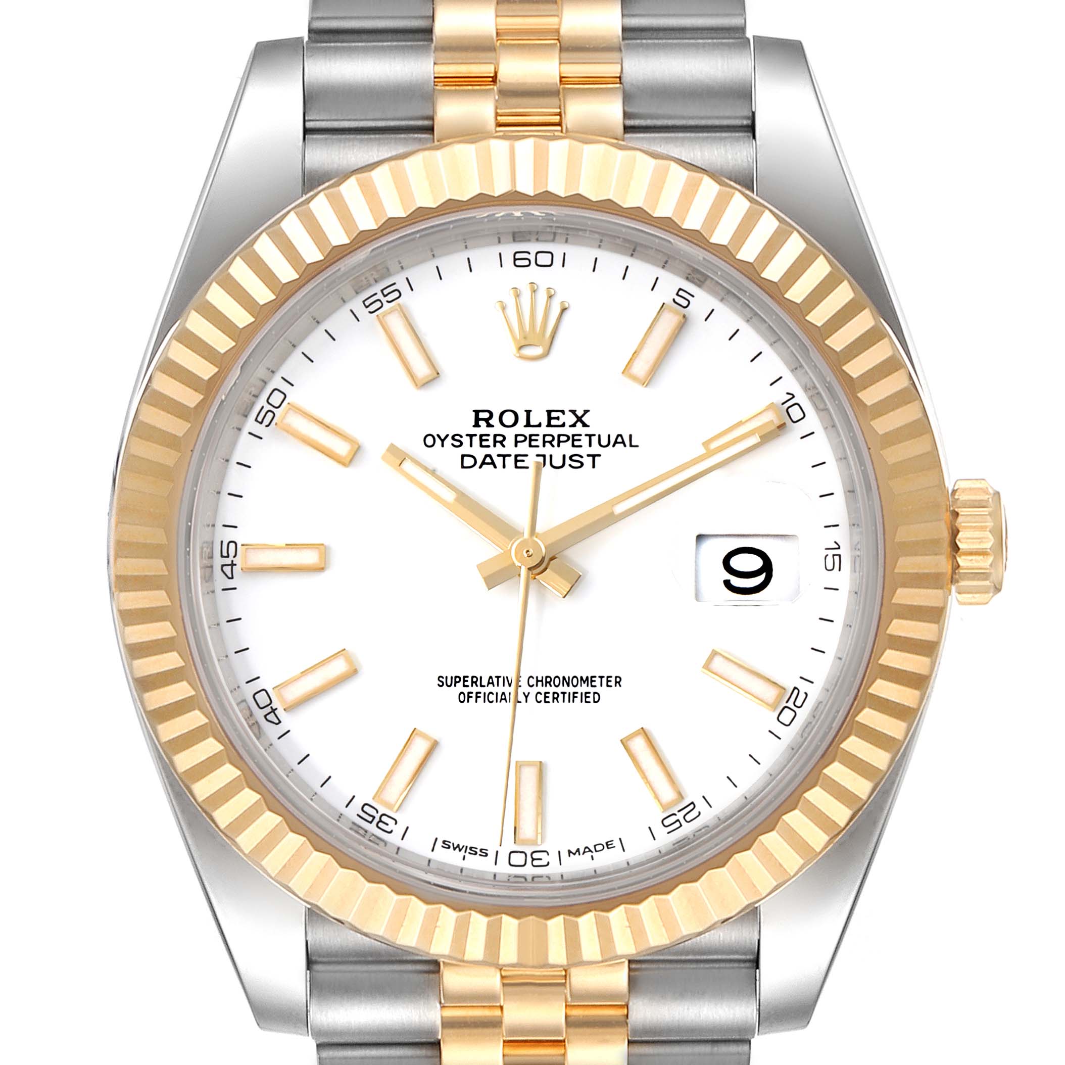 The image shows a close-up front view of the Rolex Datejust 41 126333 Men's Steel and Gold (two tone) White Dial 126333 Men's Steel and Gold (two tone) White Dial model, highlighting the dial, bezel, and part of the bracelet.