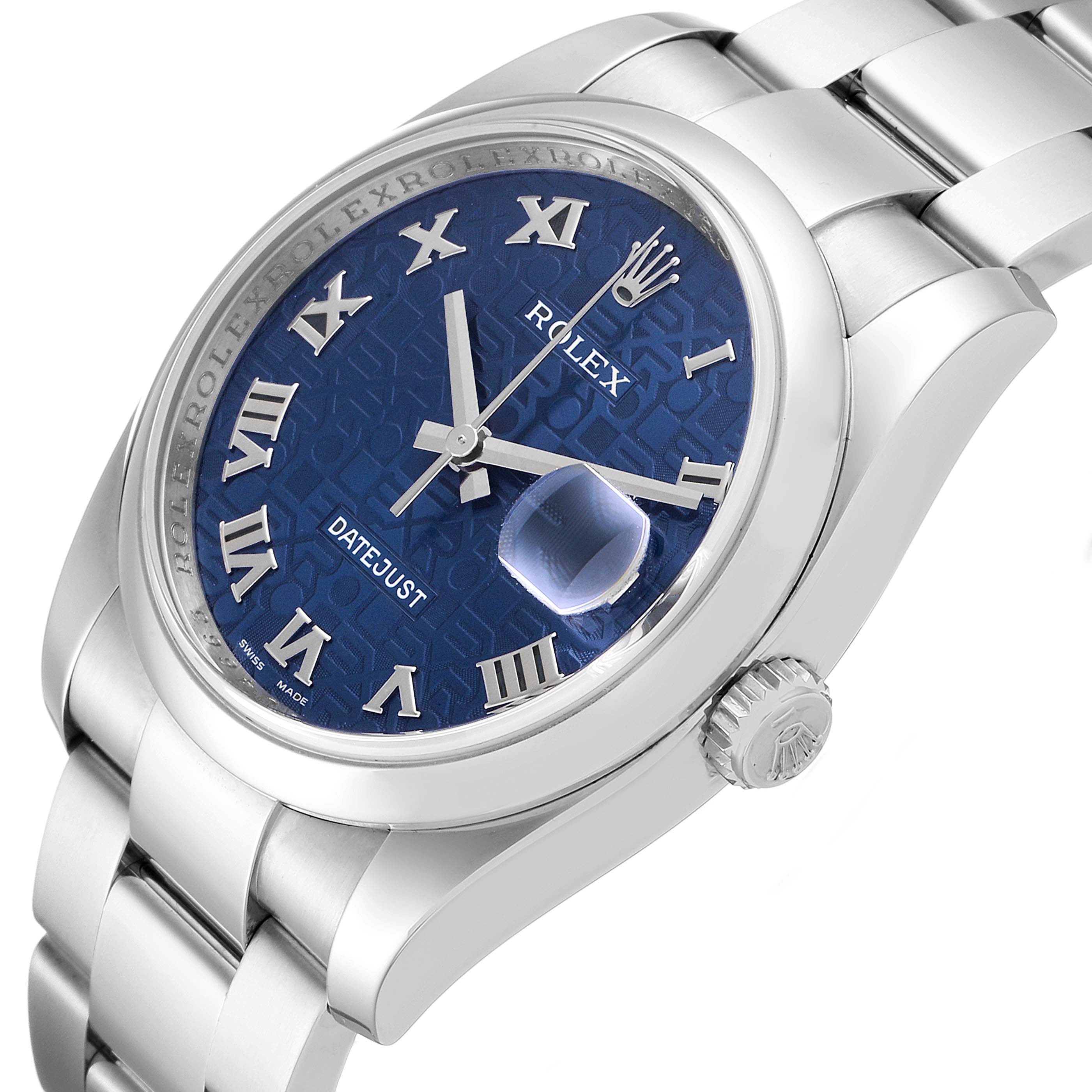 The image showcases the Rolex Datejust 116200 Men's Stainless Steel Blue Dial 116200 Men's Stainless Steel Blue Dial watch from an angled perspective, highlighting its blue dial, Roman numerals, and stainless steel bracelet.