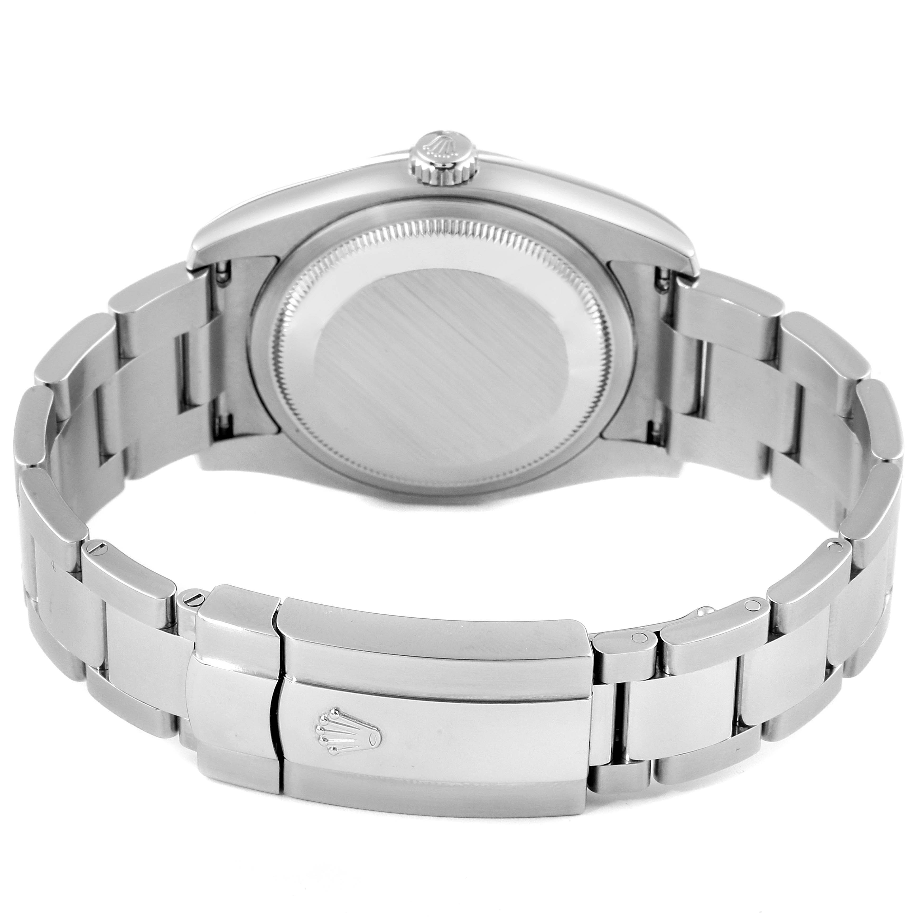 This is a rear view of the Rolex Datejust 116200 Men's Stainless Steel Blue Dial 116200 Men's Stainless Steel Blue Dial showing its case back, bracelet, and clasp.