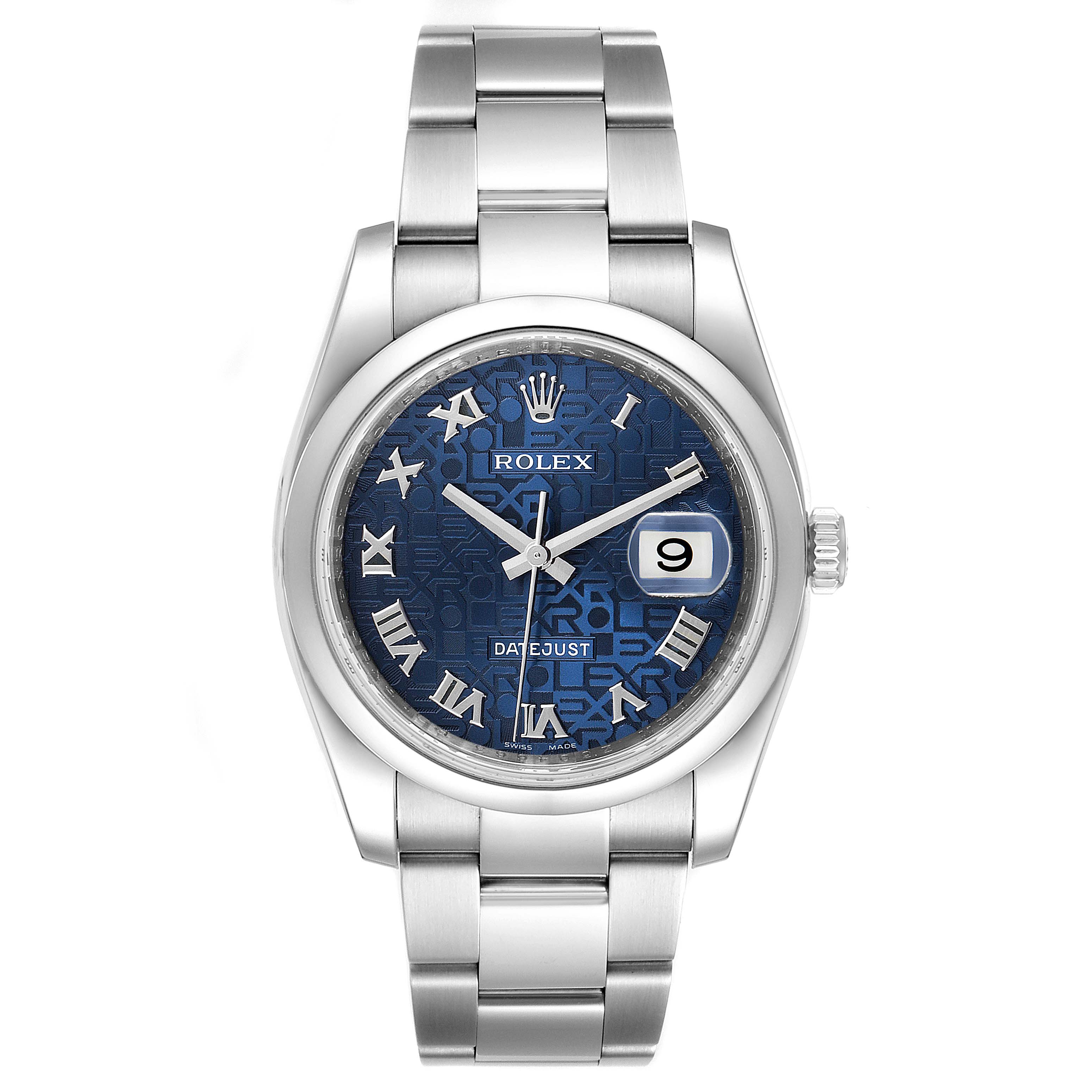 The image shows a Rolex Datejust 116200 Men's Stainless Steel Blue Dial 116200 Men's Stainless Steel Blue Dial watch viewed from the front, displaying its face, dial, and metal bracelet.