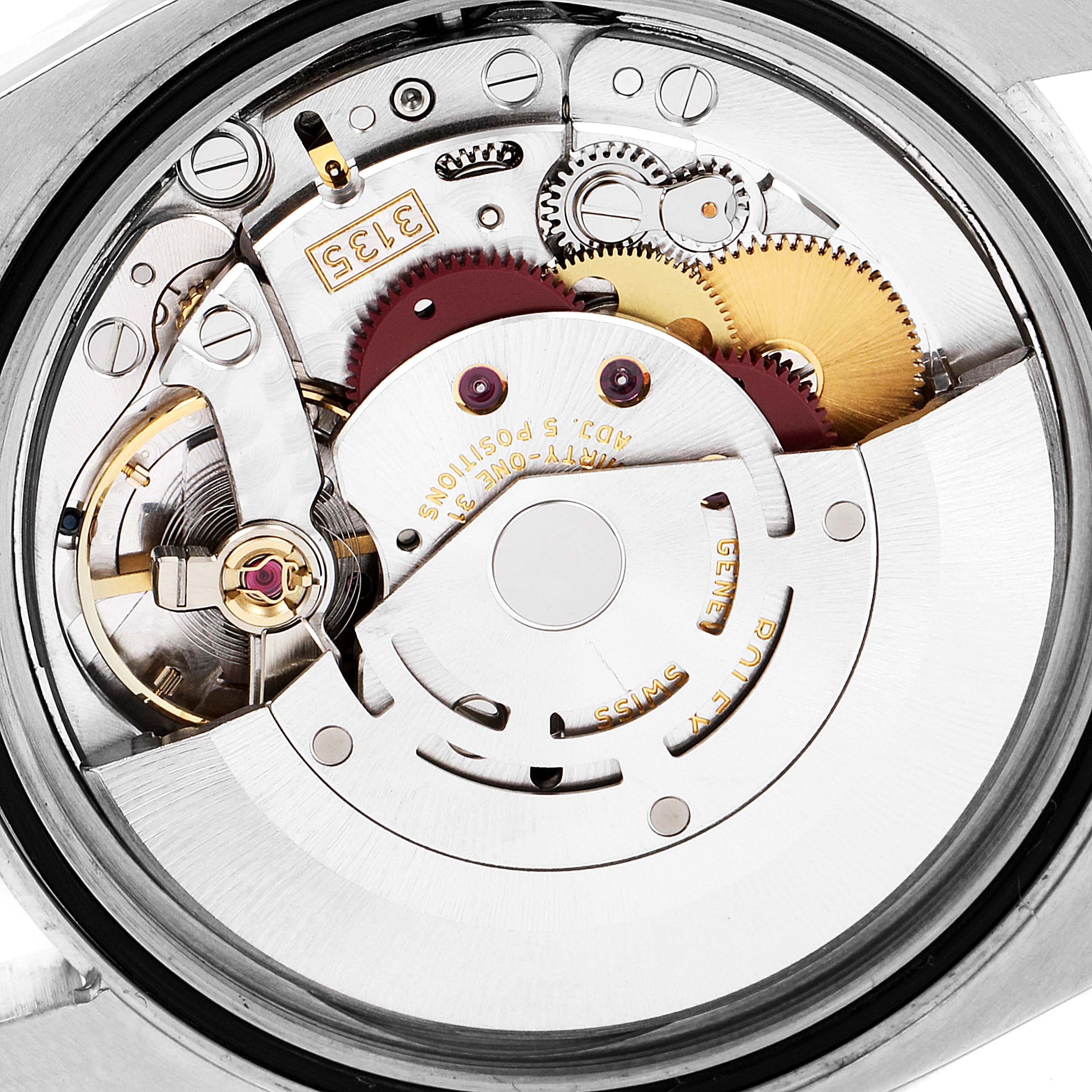 This image shows the internal mechanical movement of the Rolex Datejust 116200 Men's Stainless Steel Blue Dial 116200 Men's Stainless Steel Blue Dial watch at a close-up angle.