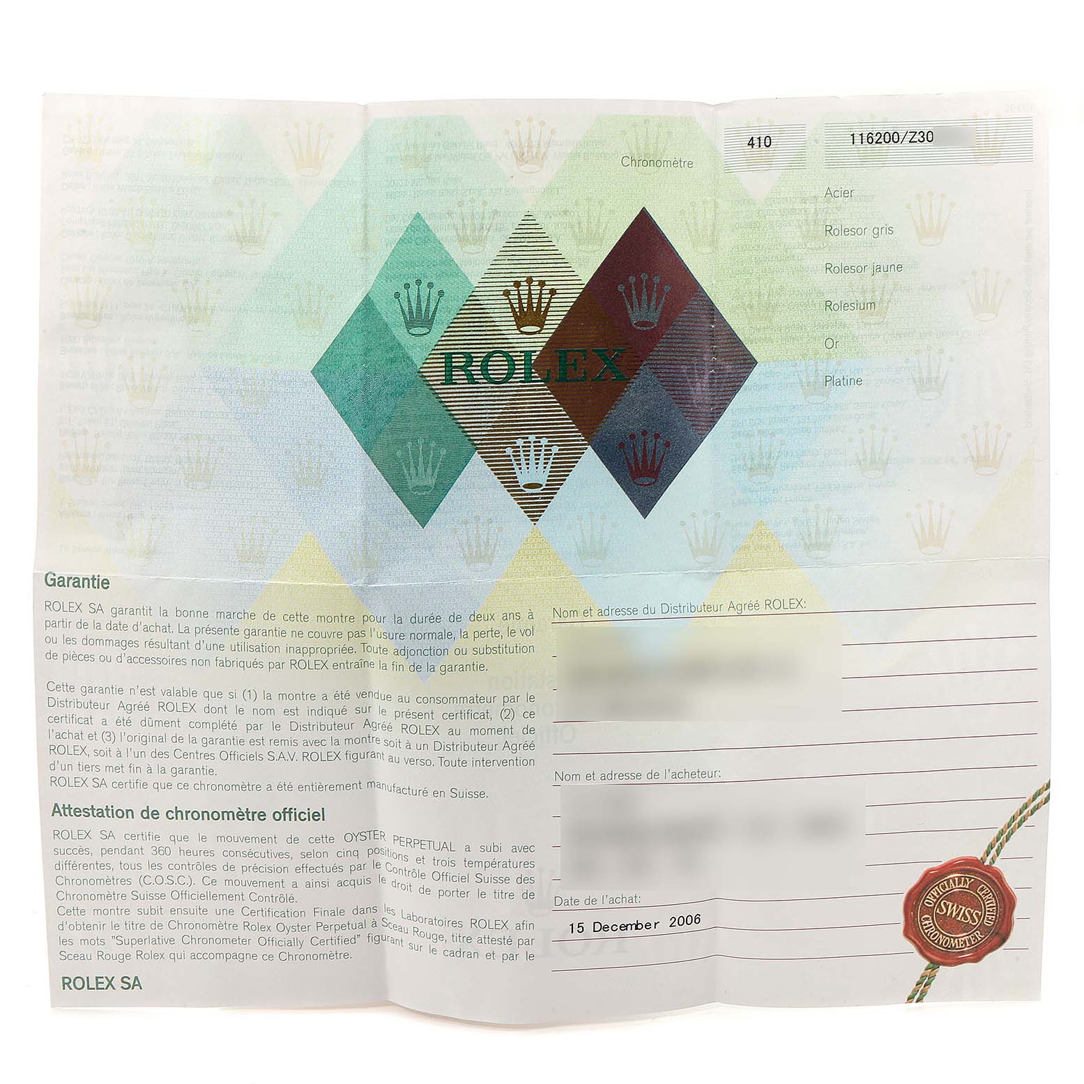 The image shows the warranty certificate for a Rolex Datejust 116200 Men's Stainless Steel Blue Dial 116200 Men's Stainless Steel Blue Dial watch, displaying brand details, purchase date, and warranty information.