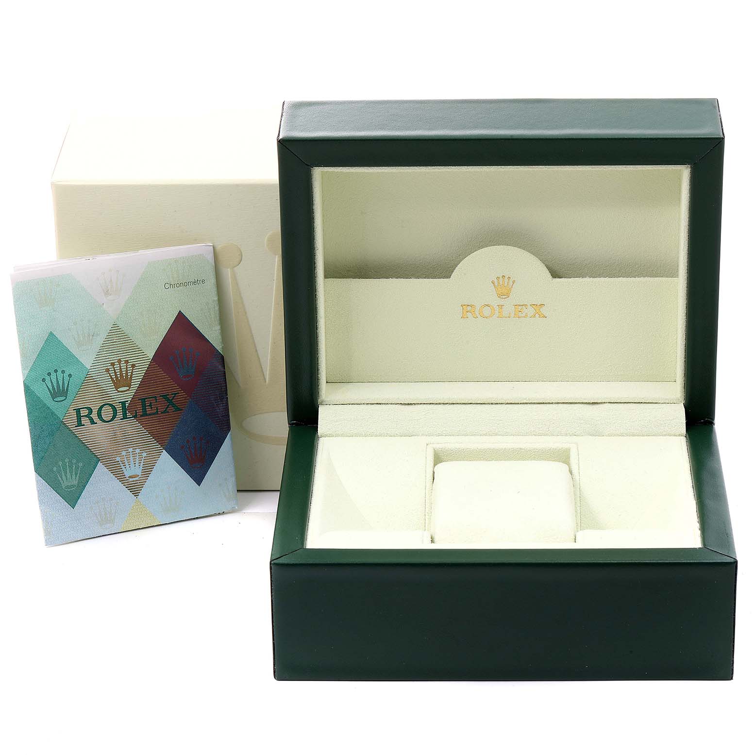 This image shows an empty Rolex Datejust 116200 Men's Stainless Steel Blue Dial 116200 Men's Stainless Steel Blue Dial watch box, an outer box, and a booklet positioned at a side angle.