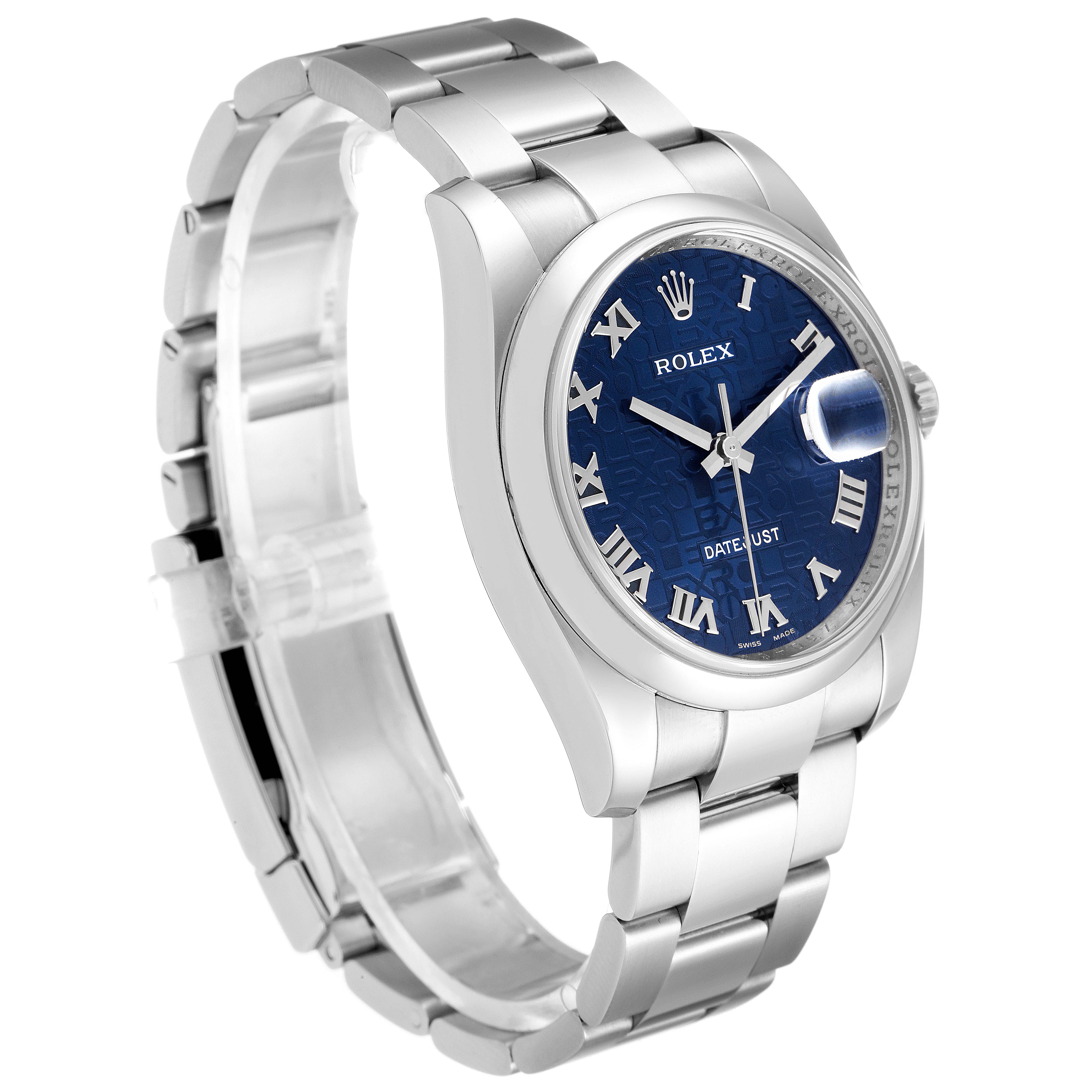 The image shows a side angle of the Rolex Datejust 116200 Men's Stainless Steel Blue Dial 116200 Men's Stainless Steel Blue Dial watch, highlighting its blue dial, Roman numerals, and silver bracelet.