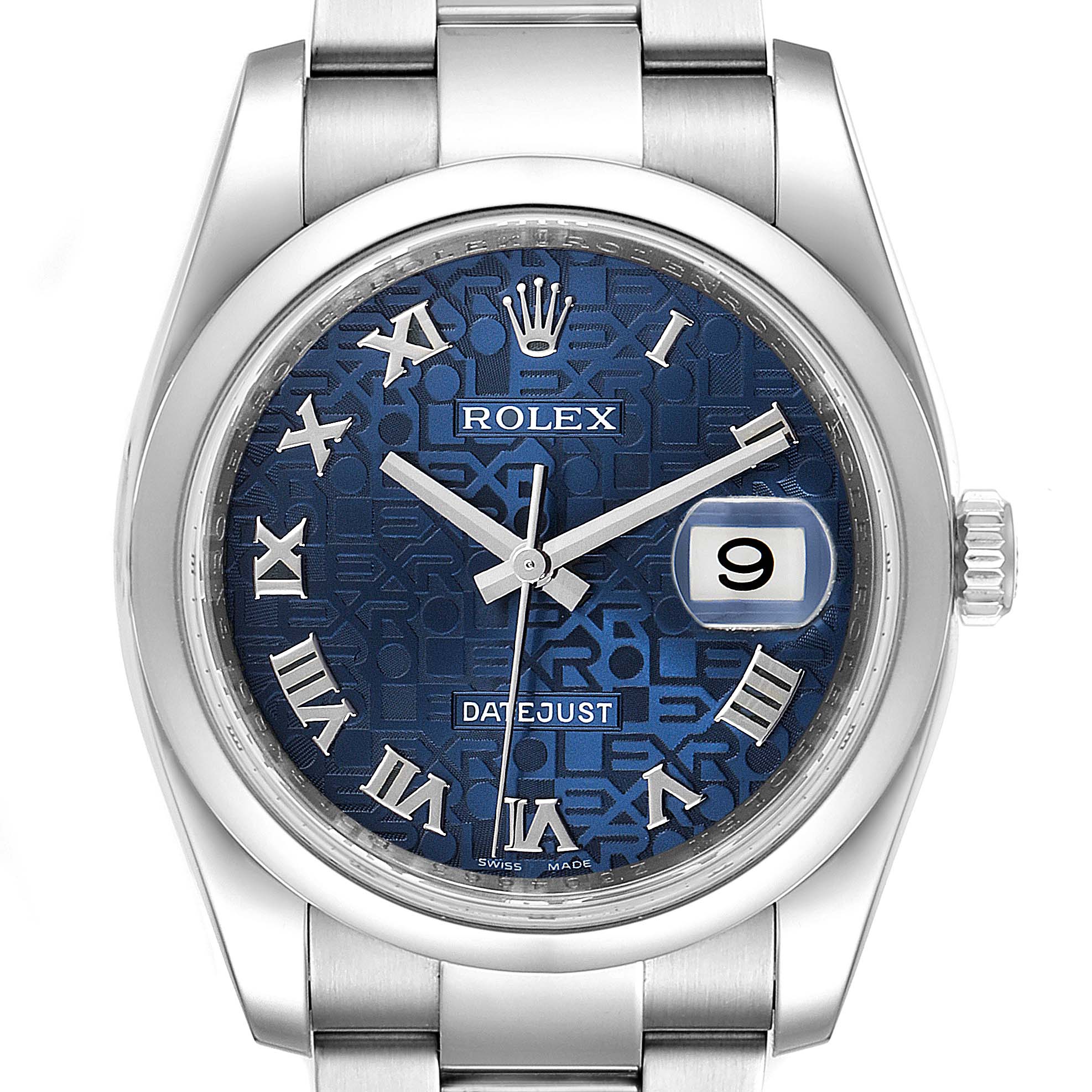 This image shows a front view of a Rolex Datejust 116200 Men's Stainless Steel Blue Dial 116200 Men's Stainless Steel Blue Dial watch, highlighting its blue dial, Roman numerals, date window, and stainless steel bracelet.