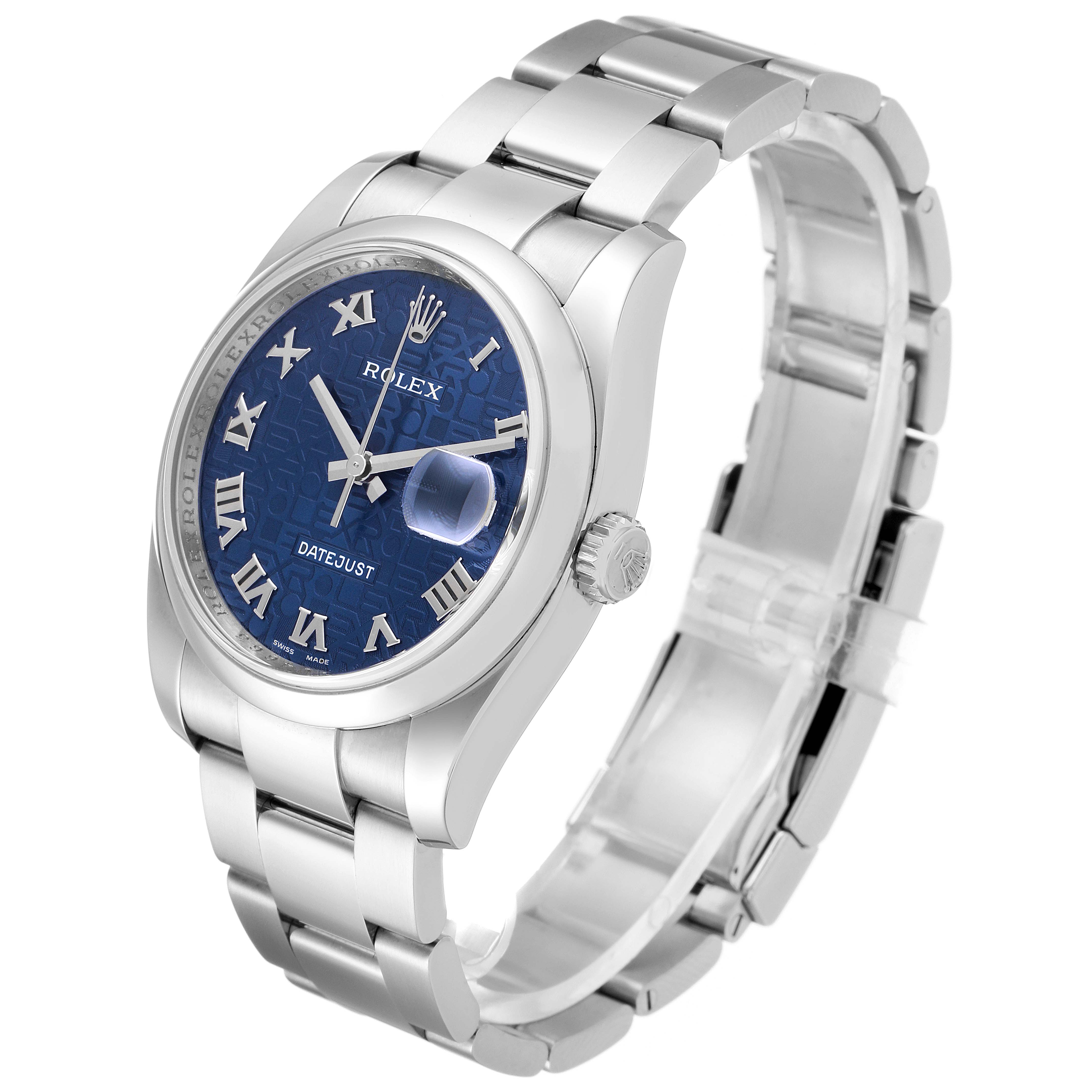 The Rolex Datejust 116200 Men's Stainless Steel Blue Dial 116200 Men's Stainless Steel Blue Dial watch is shown at a slight angle, displaying its blue dial, Roman numerals, cyclops date window, and full bracelet.