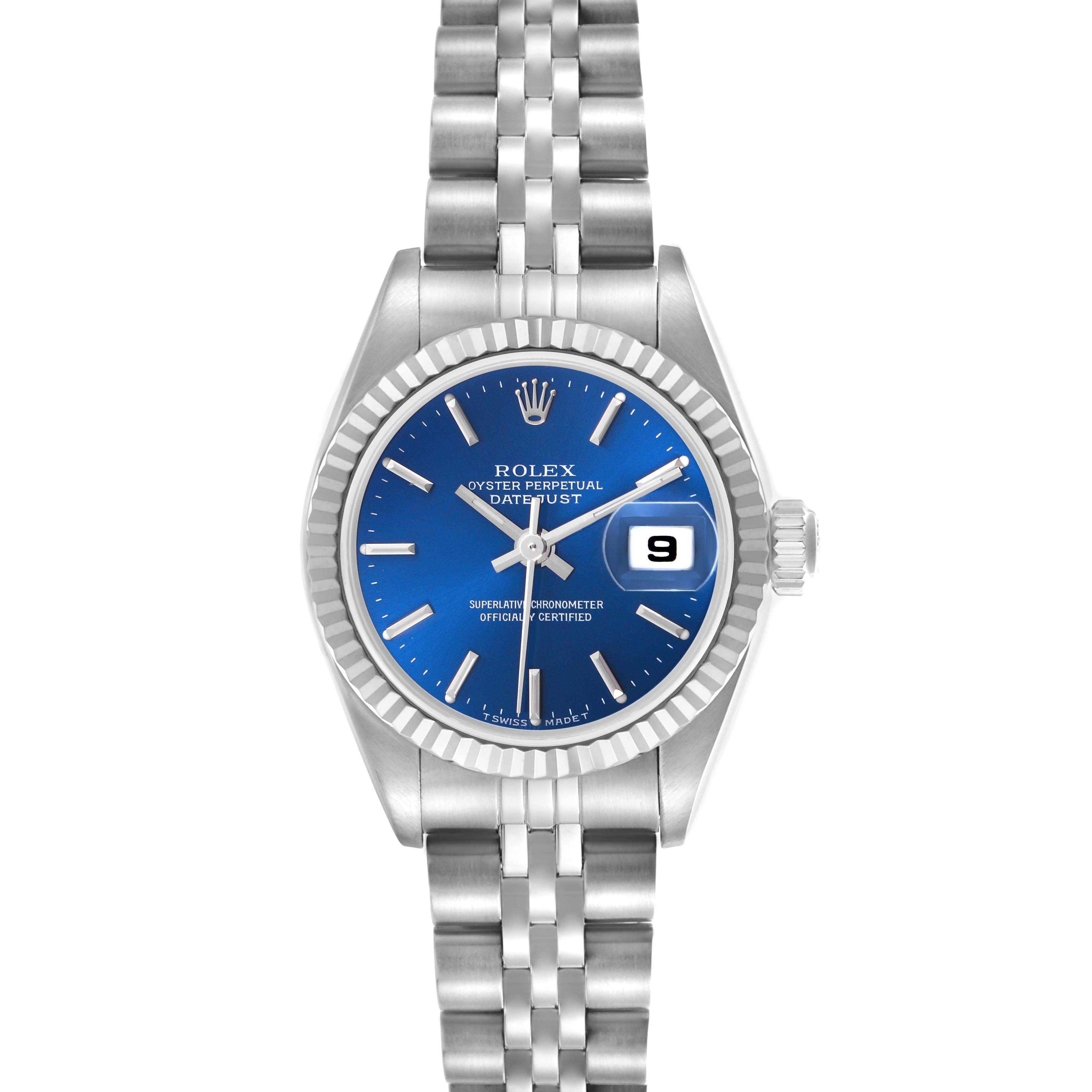 The Rolex Datejust 79174 Women's Stainless Steel Blue Dial 79174 Women's Stainless Steel Blue Dial watch is shown from a top-down angle, displaying the dial, bezel, bracelet, and crown.