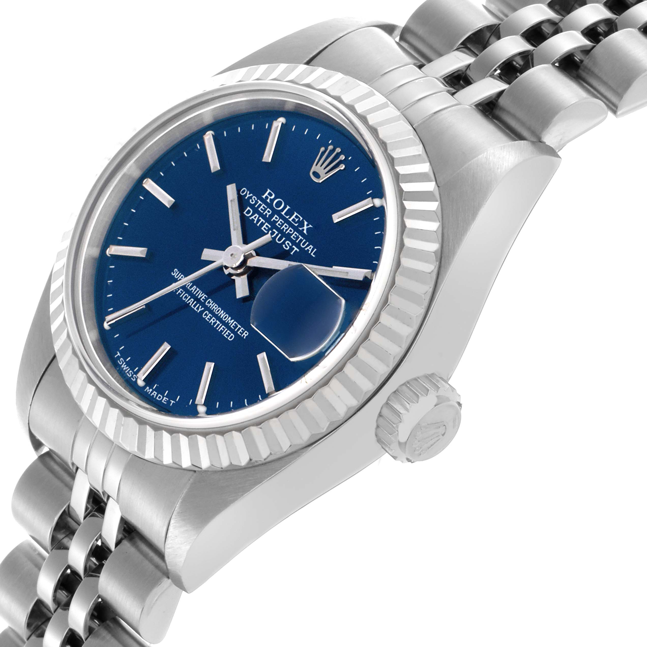 The Rolex Datejust 79174 Women's Stainless Steel Blue Dial 79174 Women's Stainless Steel Blue Dial watch is shown at an angle highlighting the face, bezel, crown, and part of the Jubilee bracelet.