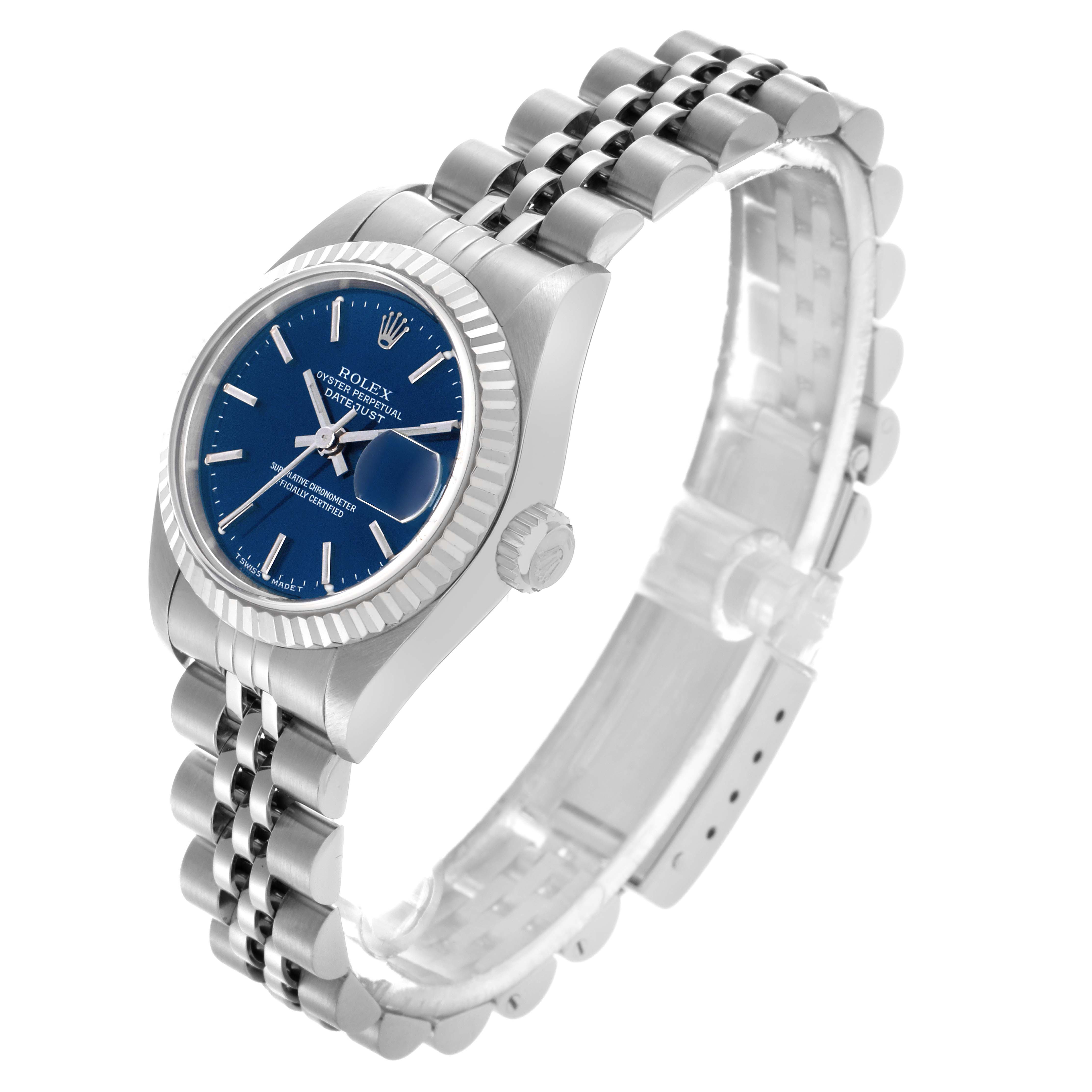 The Rolex Datejust 79174 Women's Stainless Steel Blue Dial 79174 Women's Stainless Steel Blue Dial watch is shown at an angled view highlighting the blue dial, fluted bezel, crown, and Jubilee bracelet.