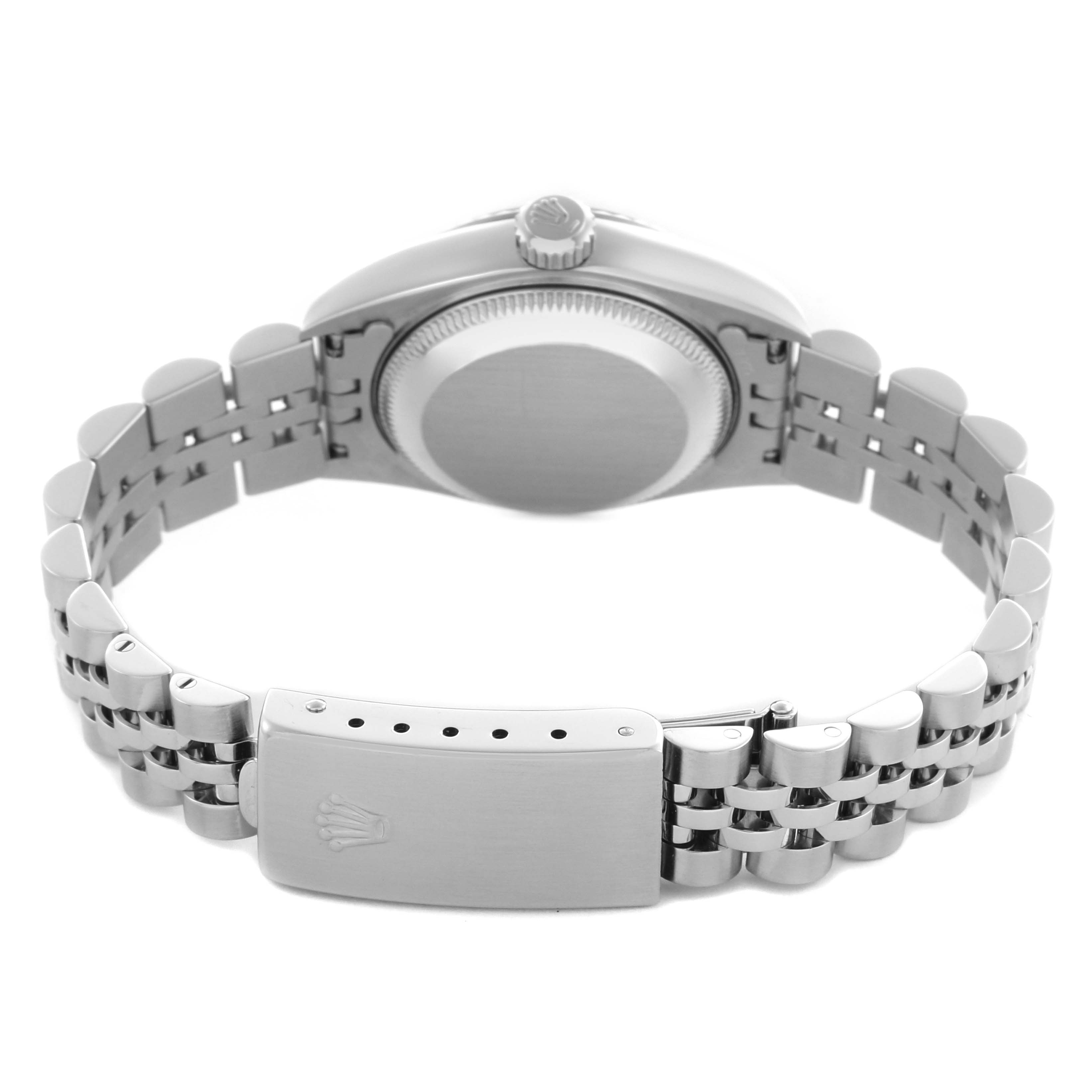 The image shows the back view of a Rolex Datejust 79174 Women's Stainless Steel Blue Dial 79174 Women's Stainless Steel Blue Dial watch emphasizing the clasp, bracelet, and case back.