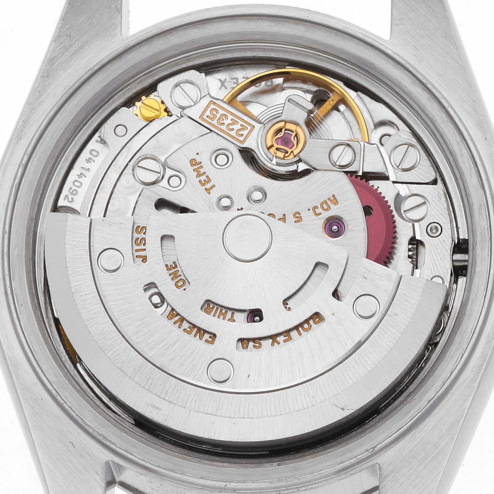 The image shows the movement of the Rolex Datejust 79174 Women's Stainless Steel Blue Dial 79174 Women's Stainless Steel Blue Dial watch from a rear view, highlighting the automatic rotor and mechanical components.