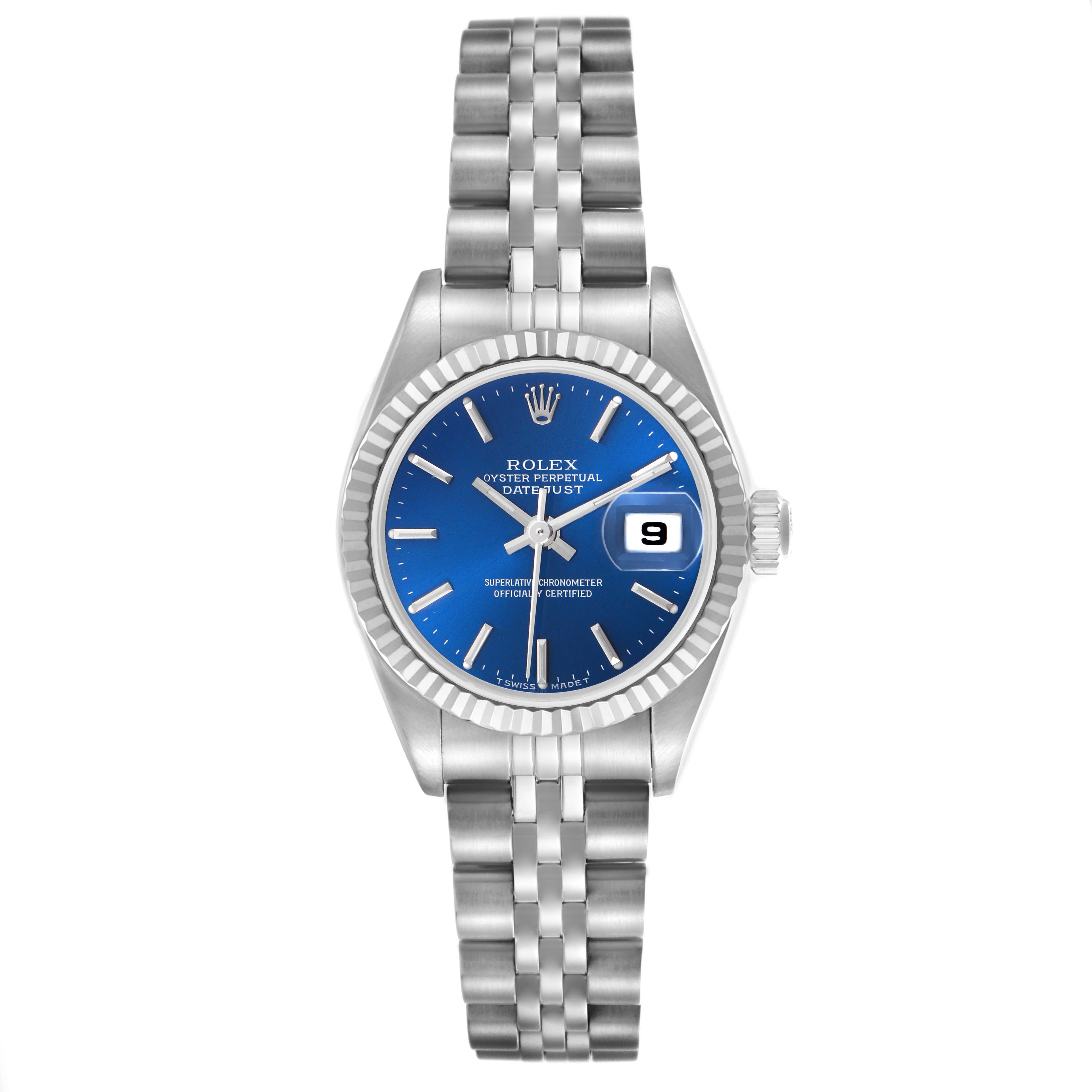 The Rolex Datejust 79174 Women's Stainless Steel Blue Dial 79174 Women's Stainless Steel Blue Dial watch is shown from a top-down angle, displaying its blue dial, fluted bezel, and jubilee bracelet.