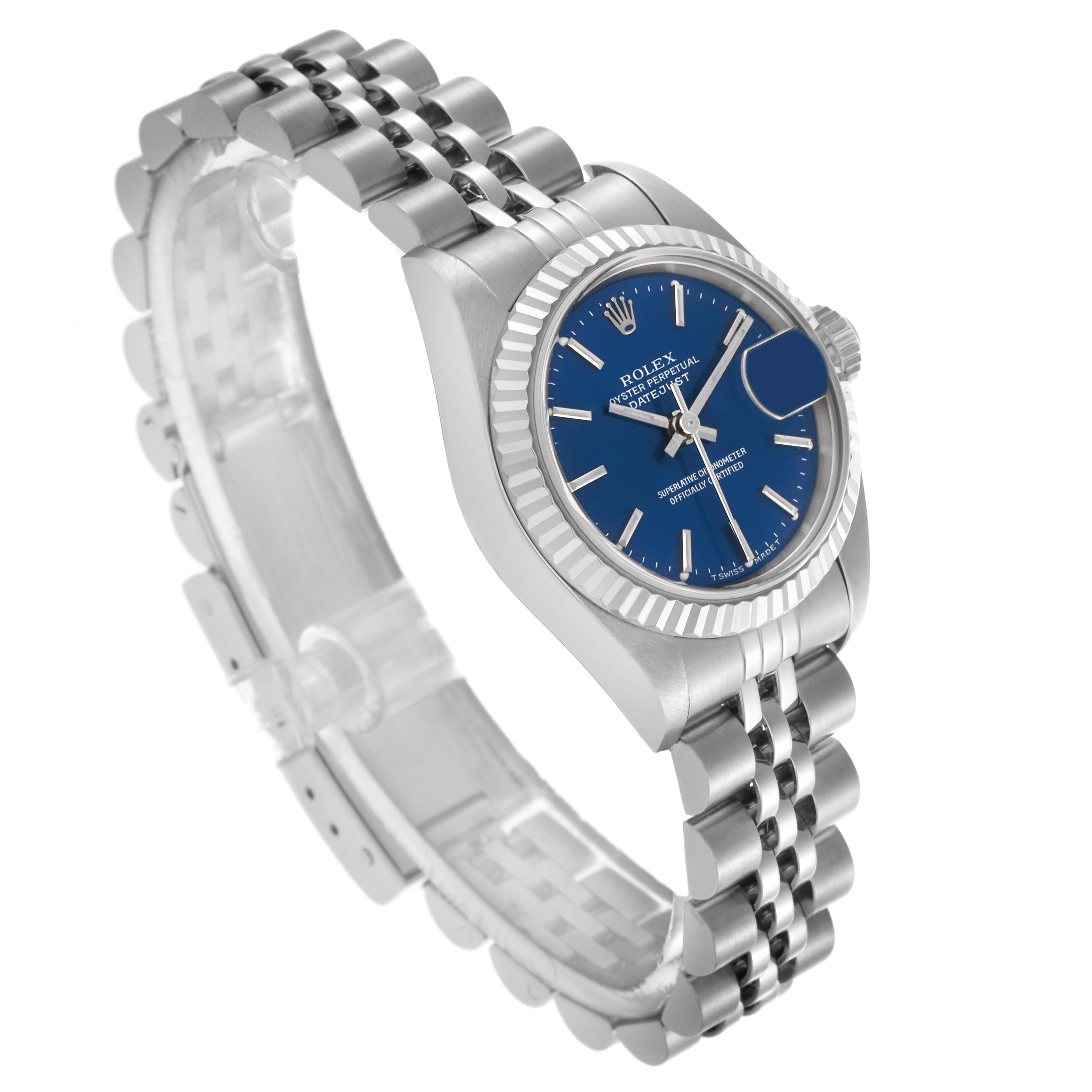 The Rolex Datejust 79174 Women's Stainless Steel Blue Dial 79174 Women's Stainless Steel Blue Dial watch is shown at a three-quarter angle, displaying its blue dial, fluted bezel, and Jubilee bracelet.