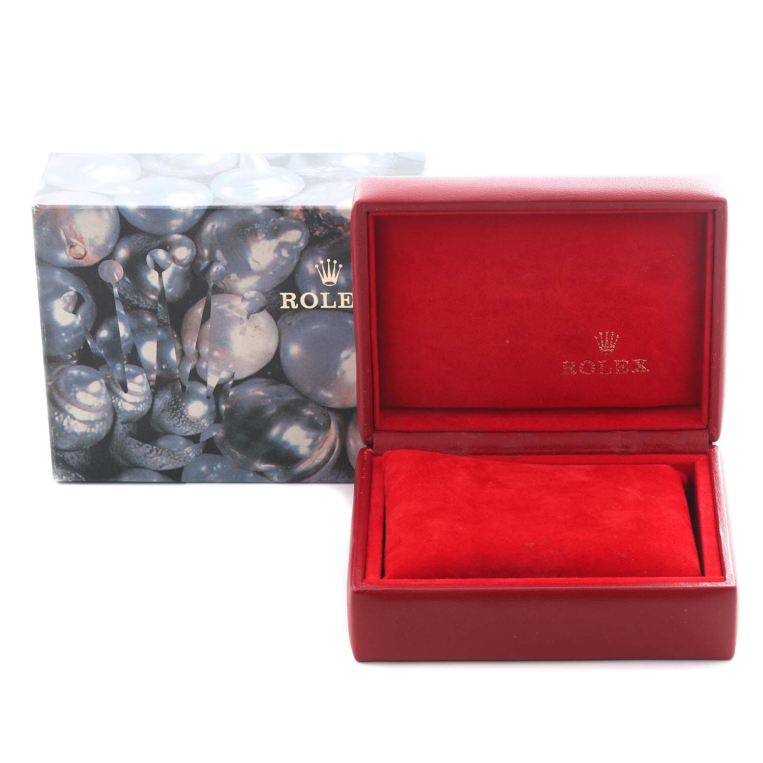 The image shows a Rolex Datejust 79174 Women's Stainless Steel Blue Dial 79174 Women's Stainless Steel Blue Dial watch box set with an outer decorative sleeve and an open inner red velvet box.