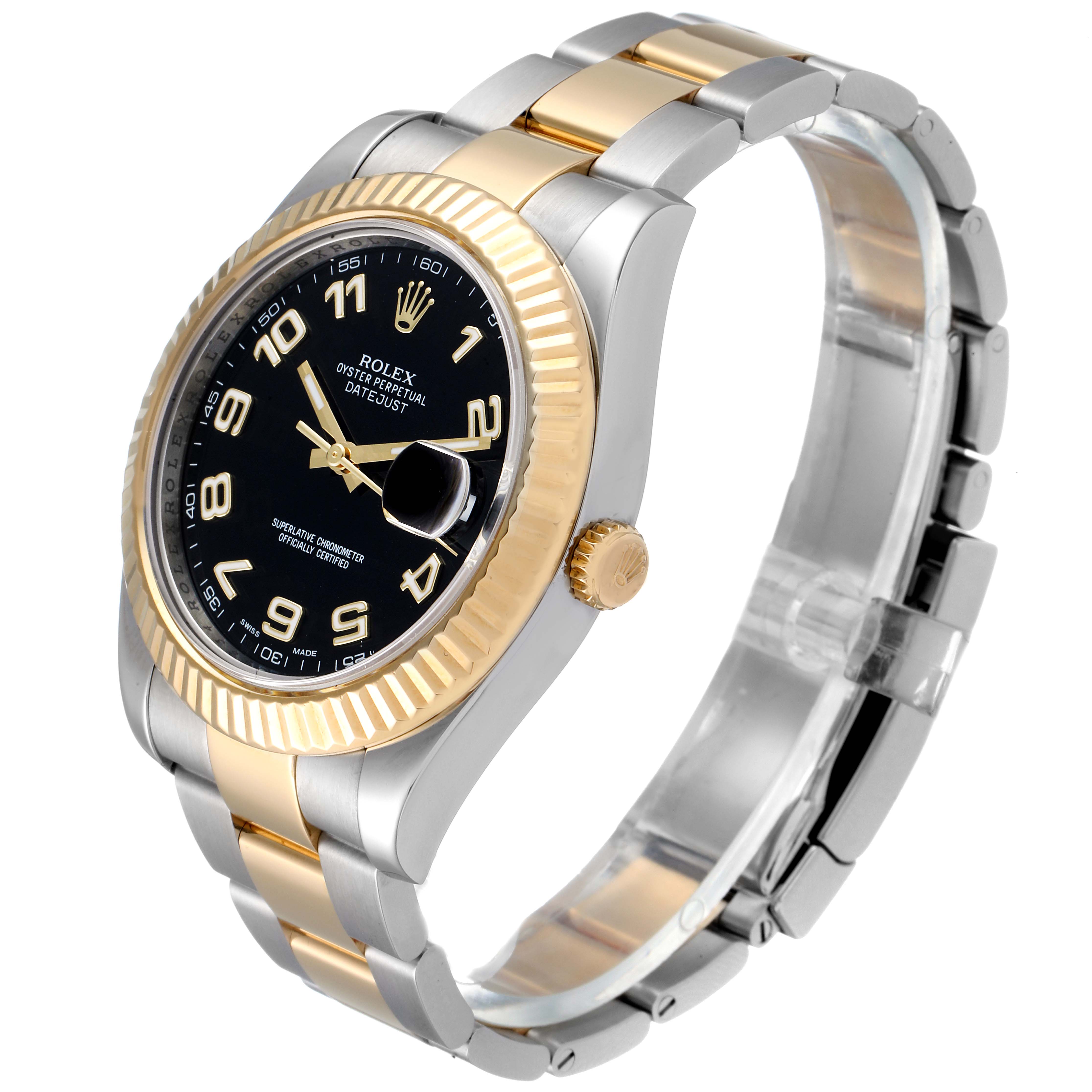 The image shows an angled view of the Rolex Datejust 41 116333 Men's Steel and Gold (two tone) Black Dial 116333 Men's Steel and Gold (two tone) Black Dial, highlighting its bi-metal bracelet, black dial, and fluted bezel.