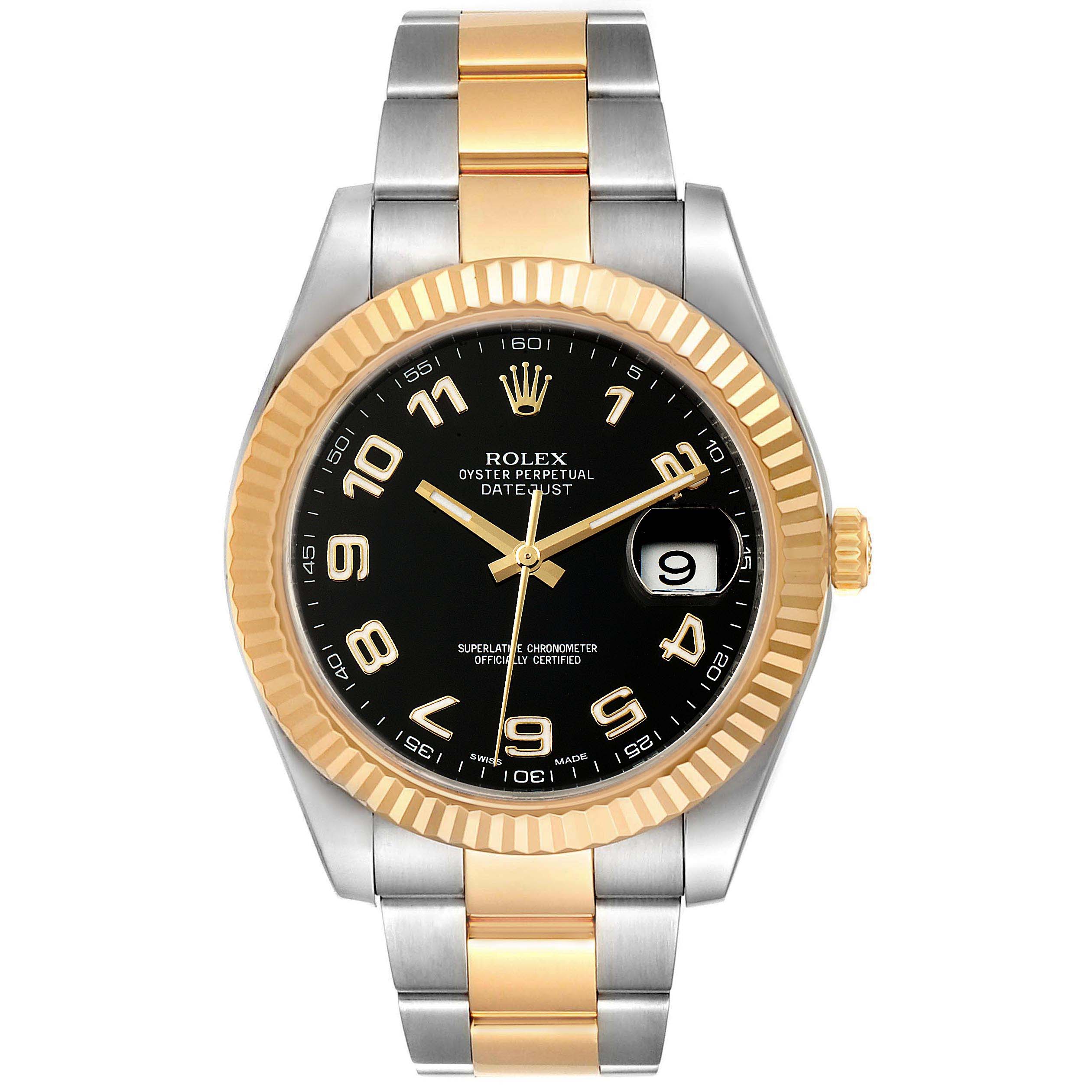 The Rolex Datejust 41 116333 Men's Steel and Gold (two tone) Black Dial 116333 Men's Steel and Gold (two tone) Black Dial watch is shown from a front angle, highlighting its two-tone bracelet, black dial, fluted bezel, and date window.