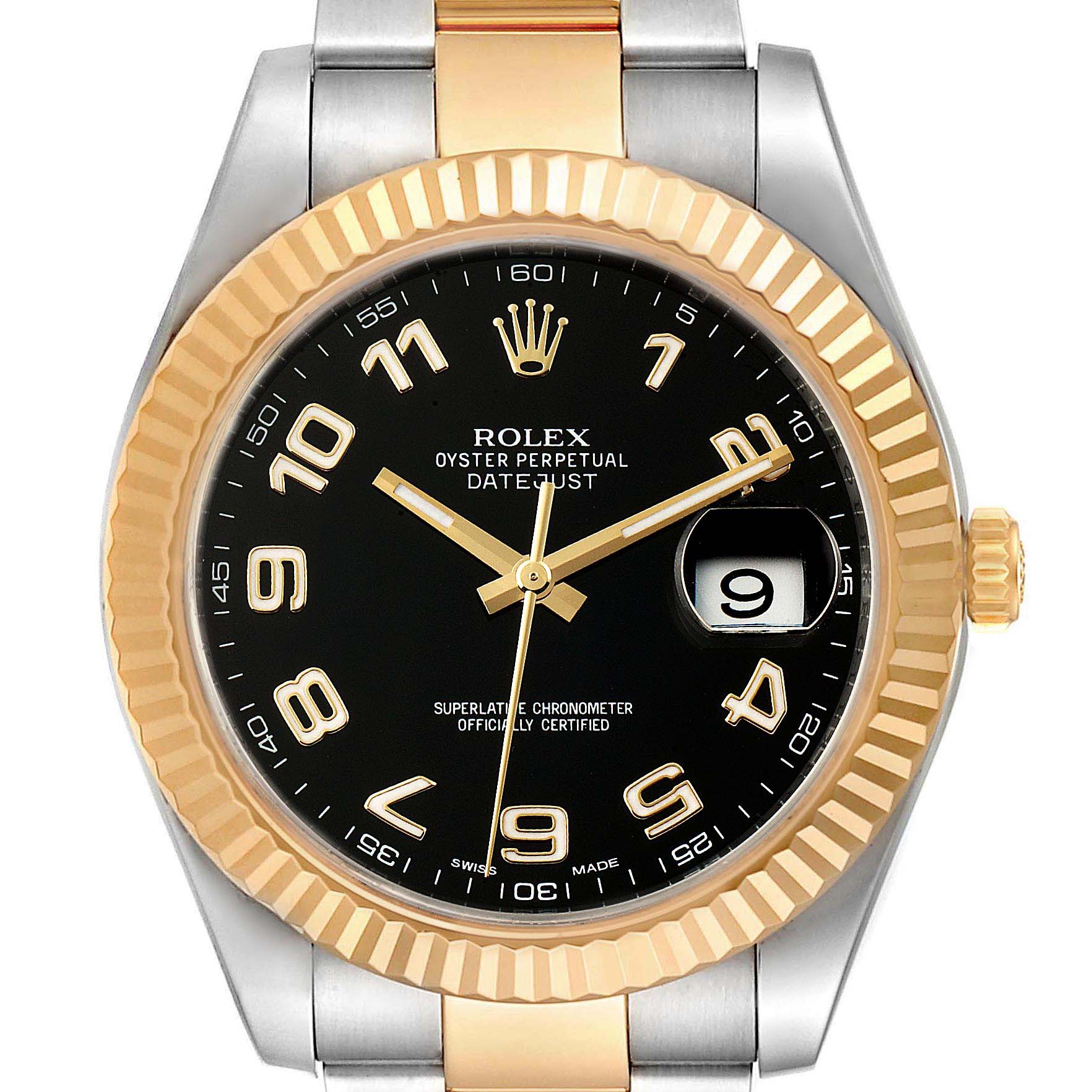 The image shows a frontal view of the Rolex Datejust 41 116333 Men's Steel and Gold (two tone) Black Dial 116333 Men's Steel and Gold (two tone) Black Dial, highlighting the dial, crown, bezel, hands, and part of the bracelet.