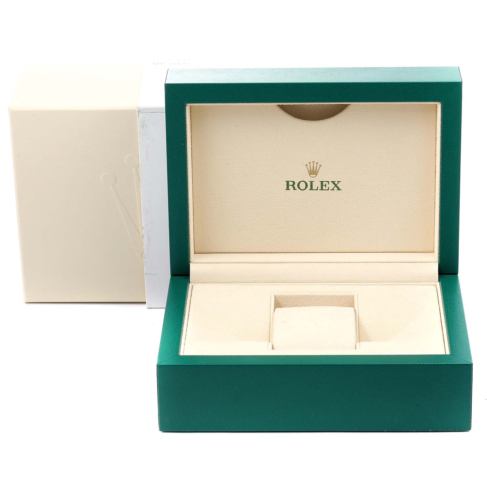 The image shows an open Rolex box for the Datejust 41 model, displaying its luxurious green and beige interior.