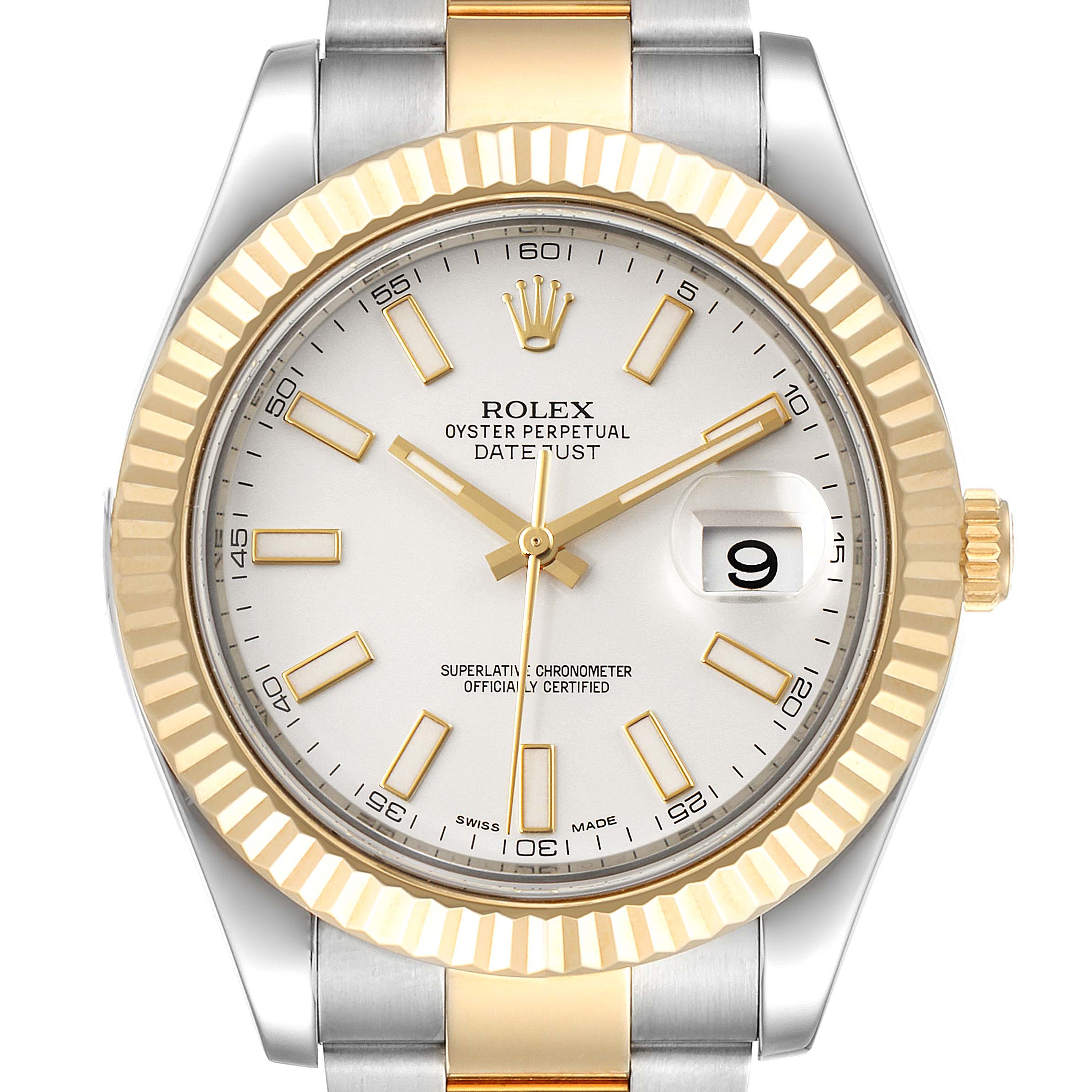The image shows a front view of the Rolex Datejust 41 116333 Men's Steel and Gold (two tone) Silver Dial 116333 Men's Steel and Gold (two tone) Silver Dial watch, highlighting the dial, bezel, hands, markers, and part of the bracelet.