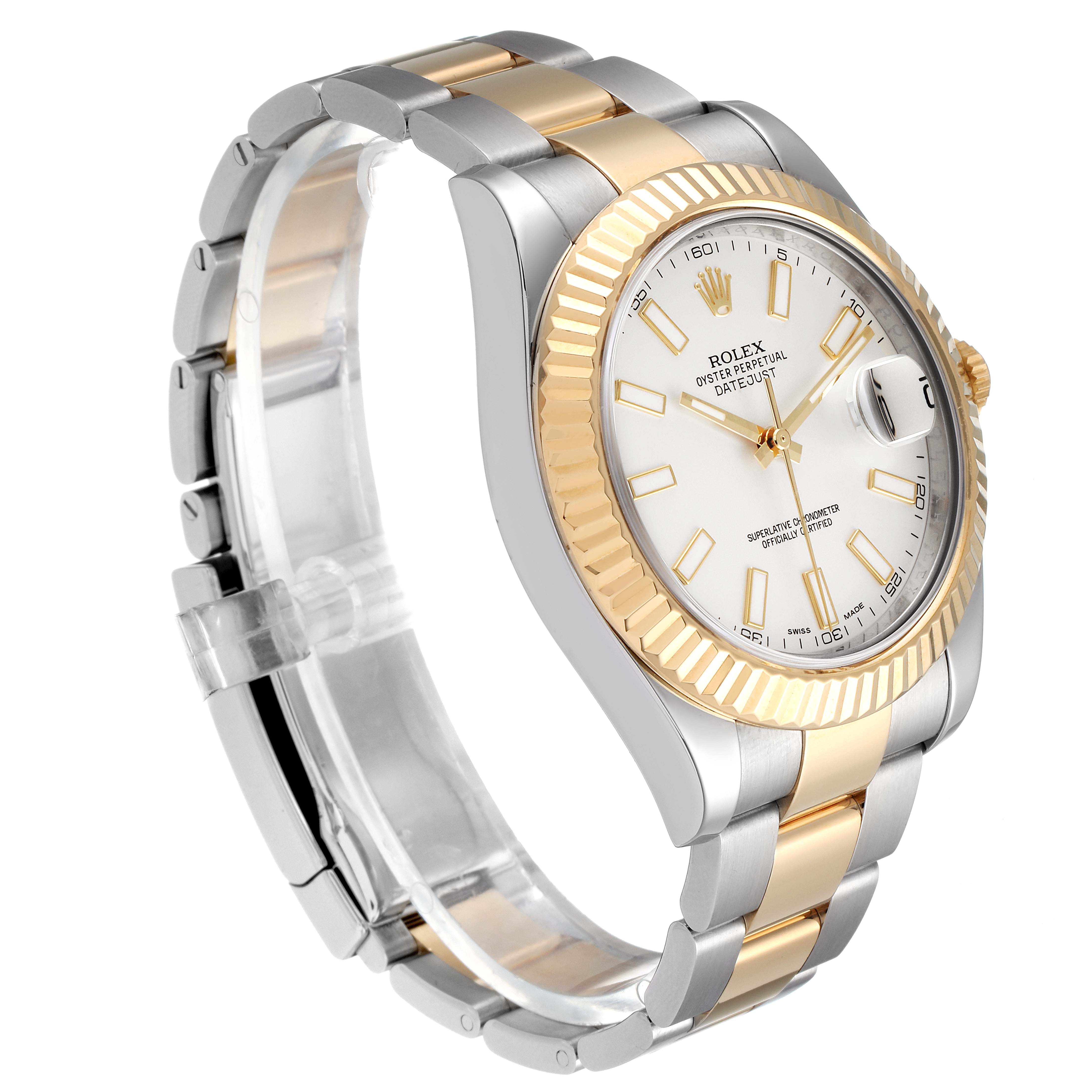 The Rolex Datejust 41 116333 Men's Steel and Gold (two tone) Silver Dial 116333 Men's Steel and Gold (two tone) Silver Dial watch is shown at an angled side view, highlighting its two-tone bracelet and fluted bezel.
