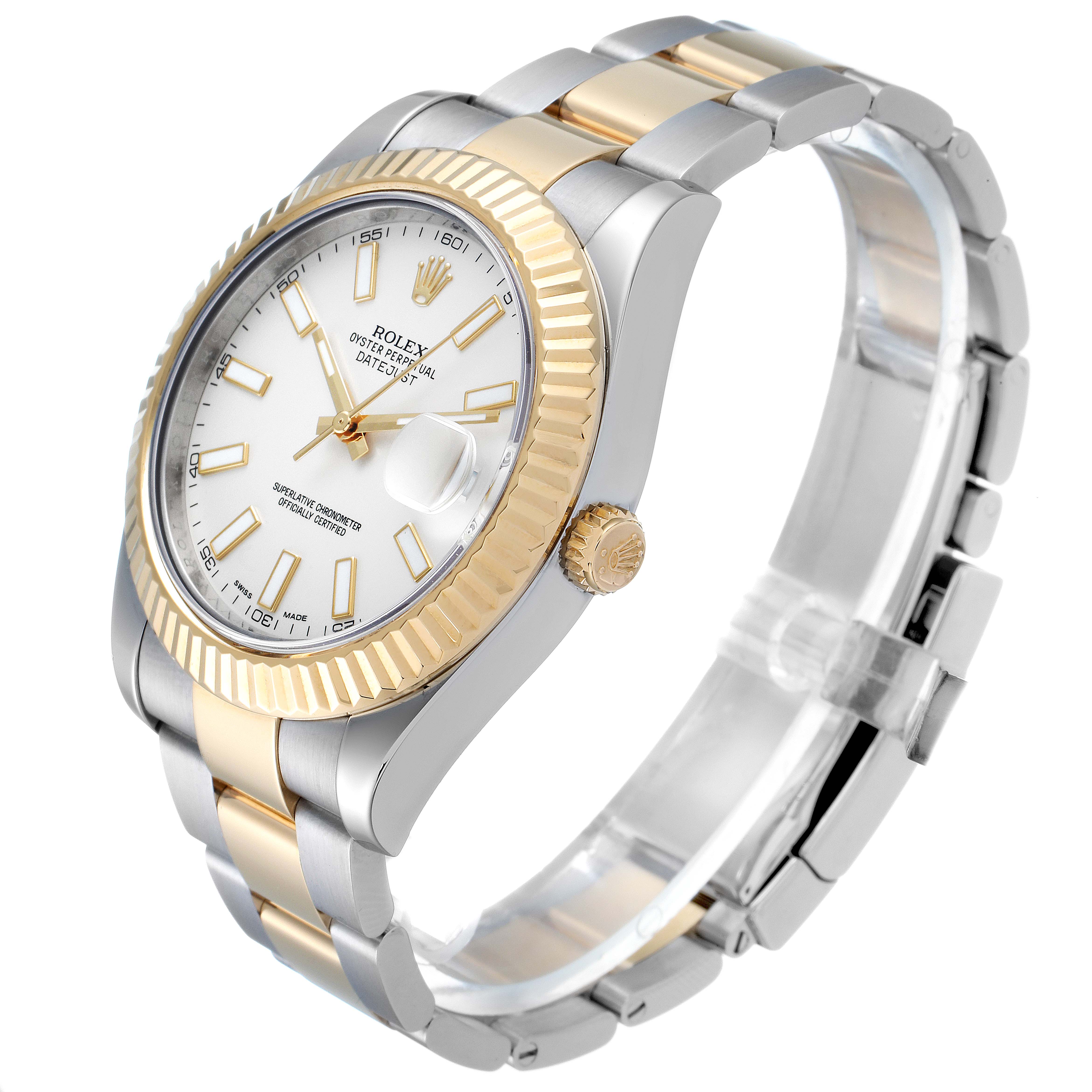 This Rolex Datejust 41 116333 Men's Steel and Gold (two tone) Silver Dial 116333 Men's Steel and Gold (two tone) Silver Dial model is shown at an angled view highlighting its bezel, dial, bracelet, and crown.