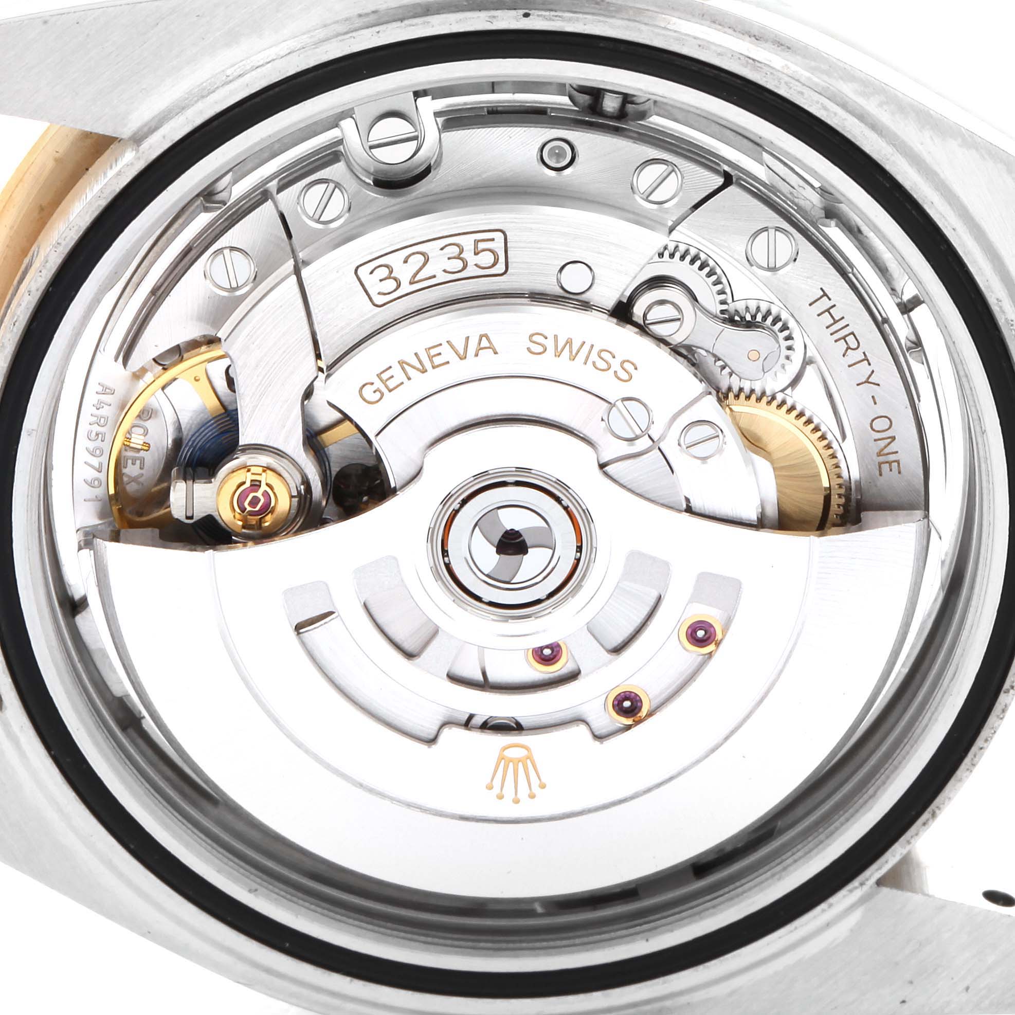 This image shows the movement and internal components of a Rolex Datejust 41 126333 Men
s Steel and Gold (two tone) Silver Dial 126333 Men
s Steel and Gold (two tone) Silver Dial model, viewed from the back.
