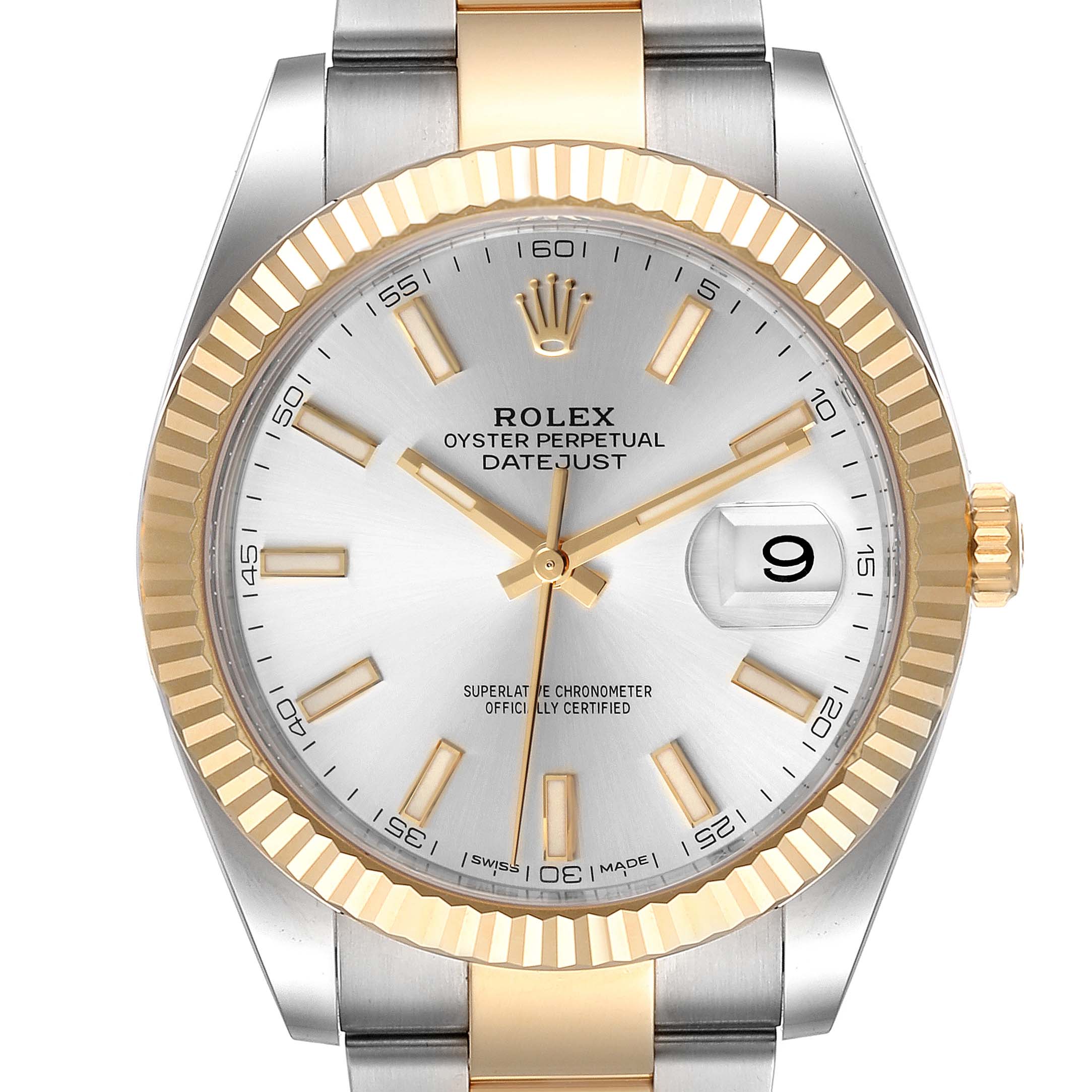 This image showcases the face and part of the bracelet of the Rolex Datejust 41 126333 Men
s Steel and Gold (two tone) Silver Dial 126333 Men
s Steel and Gold (two tone) Silver Dial, highlighting its dial, markers, and fluted bezel.