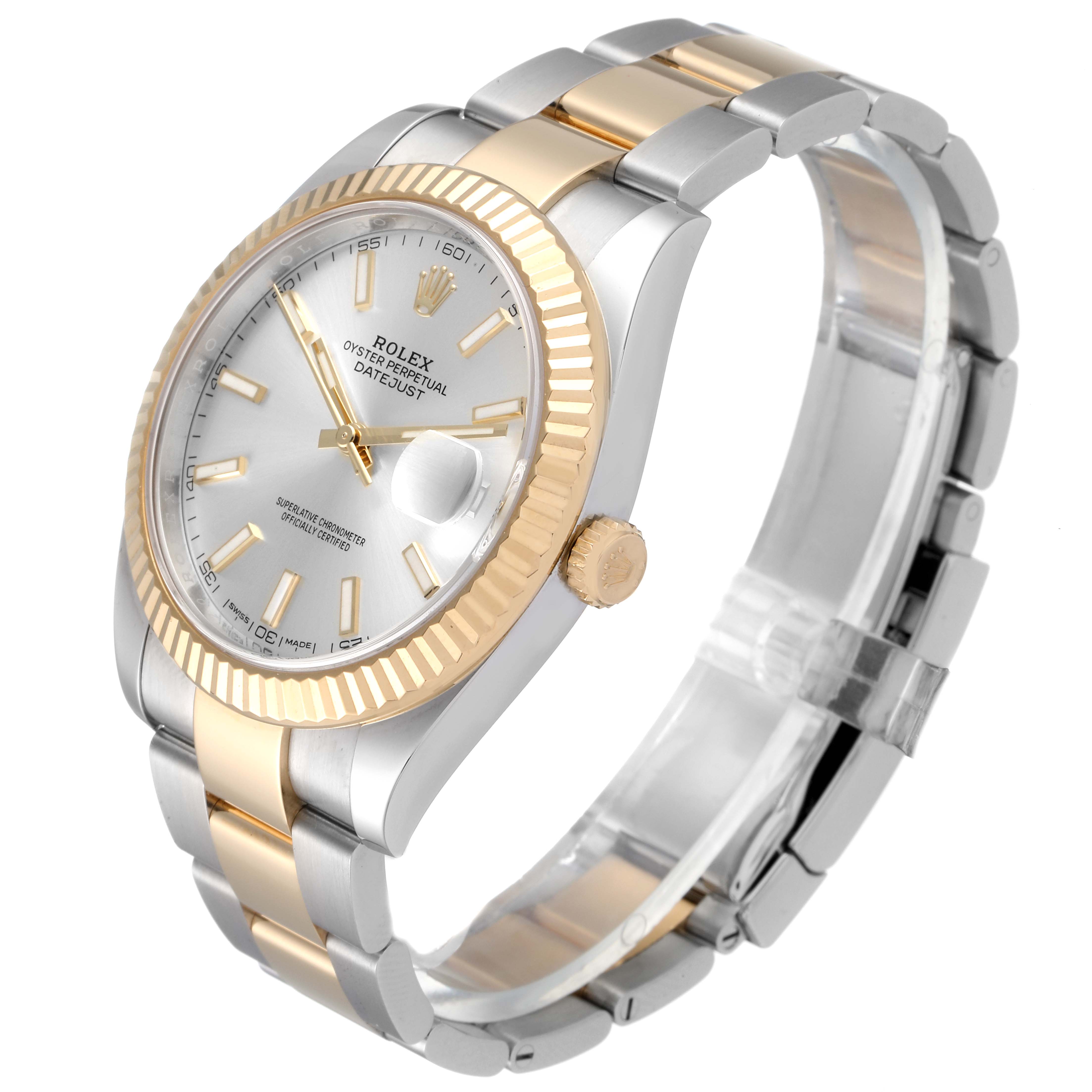 The Rolex Datejust 41 126333 Men
s Steel and Gold (two tone) Silver Dial 126333 Men
s Steel and Gold (two tone) Silver Dial model is shown at an angle highlighting the dial, bezel, crown, and part of the bracelet.