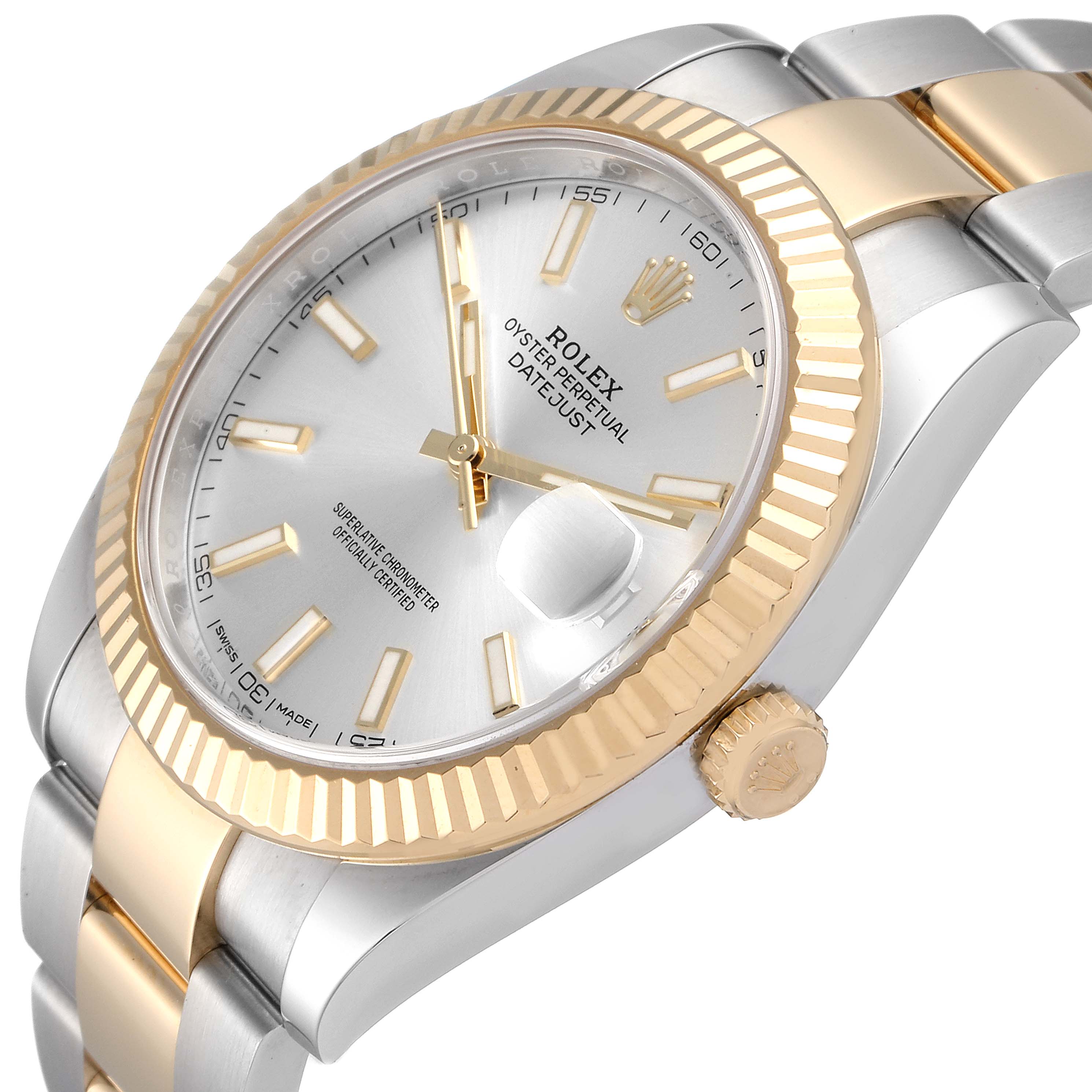 This image shows a close-up angled view of the Rolex Datejust 41 126333 Men
s Steel and Gold (two tone) Silver Dial 126333 Men
s Steel and Gold (two tone) Silver Dial watch, highlighting its dial, bezel, crown, and bracelet.