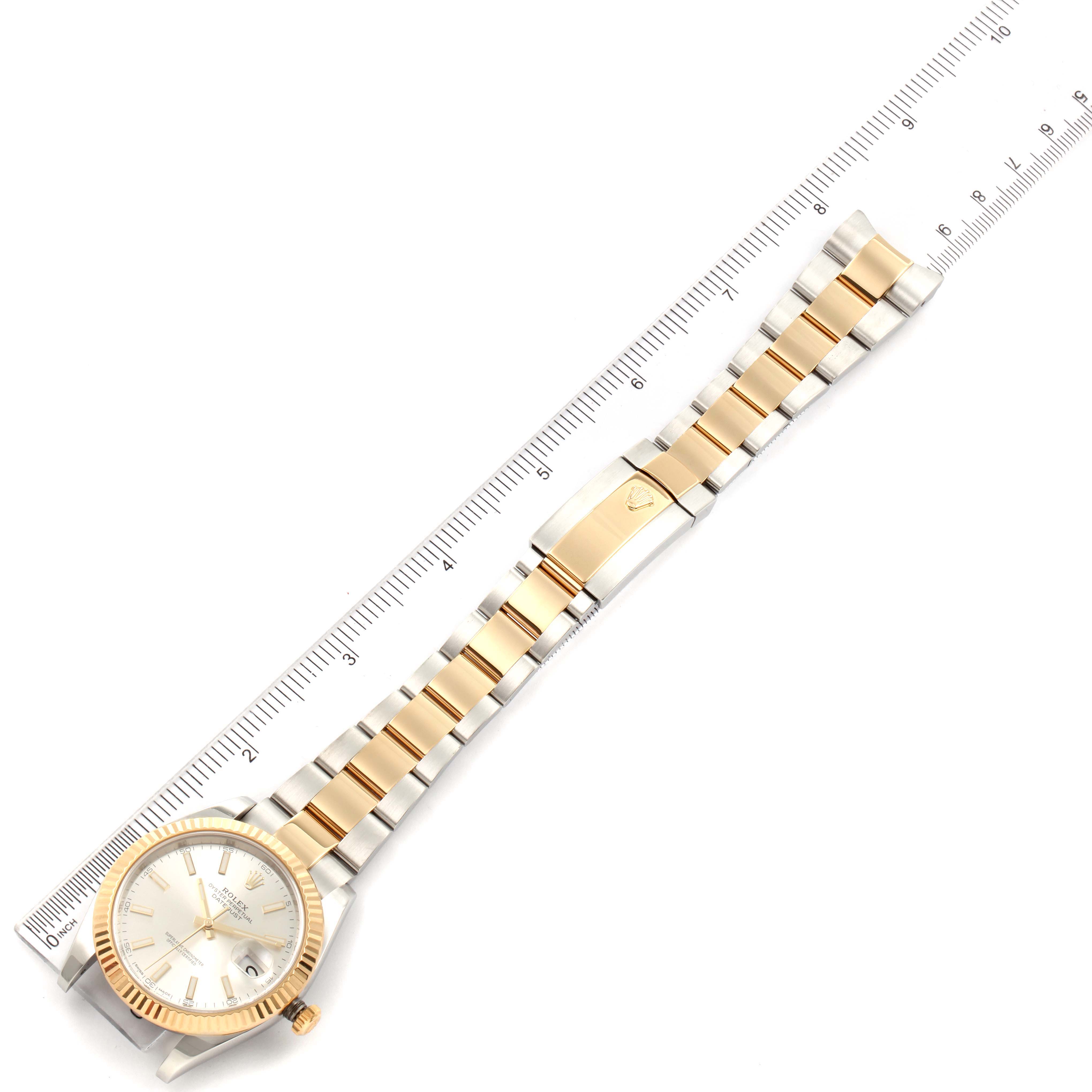This image shows a top-down view of a Rolex Datejust 41 126333 Men
s Steel and Gold (two tone) Silver Dial 126333 Men
s Steel and Gold (two tone) Silver Dial watch, highlighting the face, bezel, and full bracelet.