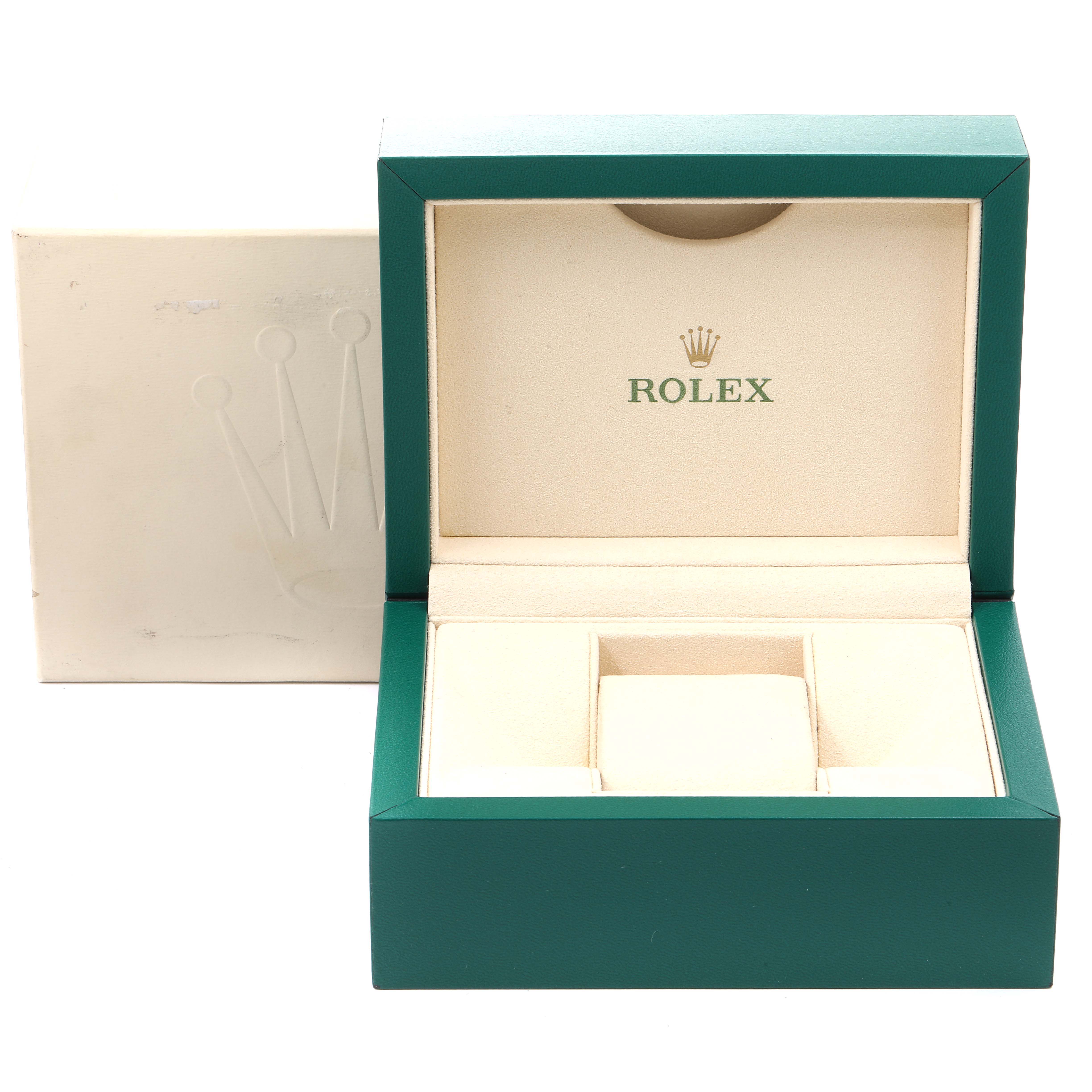 This image shows an open Rolex Datejust 41 126333 Men
s Steel and Gold (two tone) Silver Dial 126333 Men
s Steel and Gold (two tone) Silver Dial green and beige watch box with a crown logo on the inner lid.