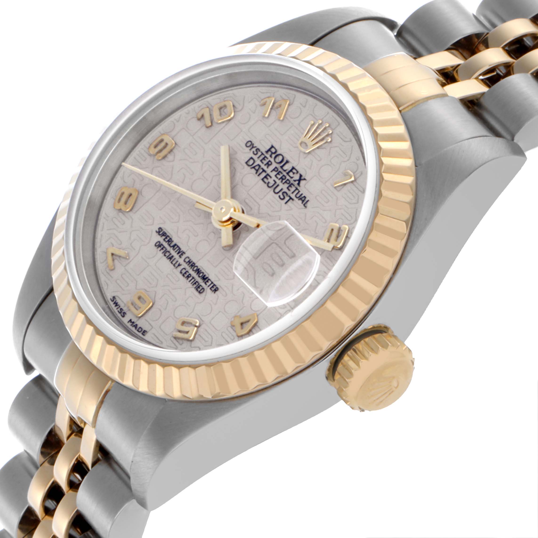 The Rolex Datejust 69173 Women's Steel and Gold (two tone) White Dial 69173 Women's Steel and Gold (two tone) White Dial watch is shown at a tilted angle, highlighting the face, bezel, and part of the bracelet.