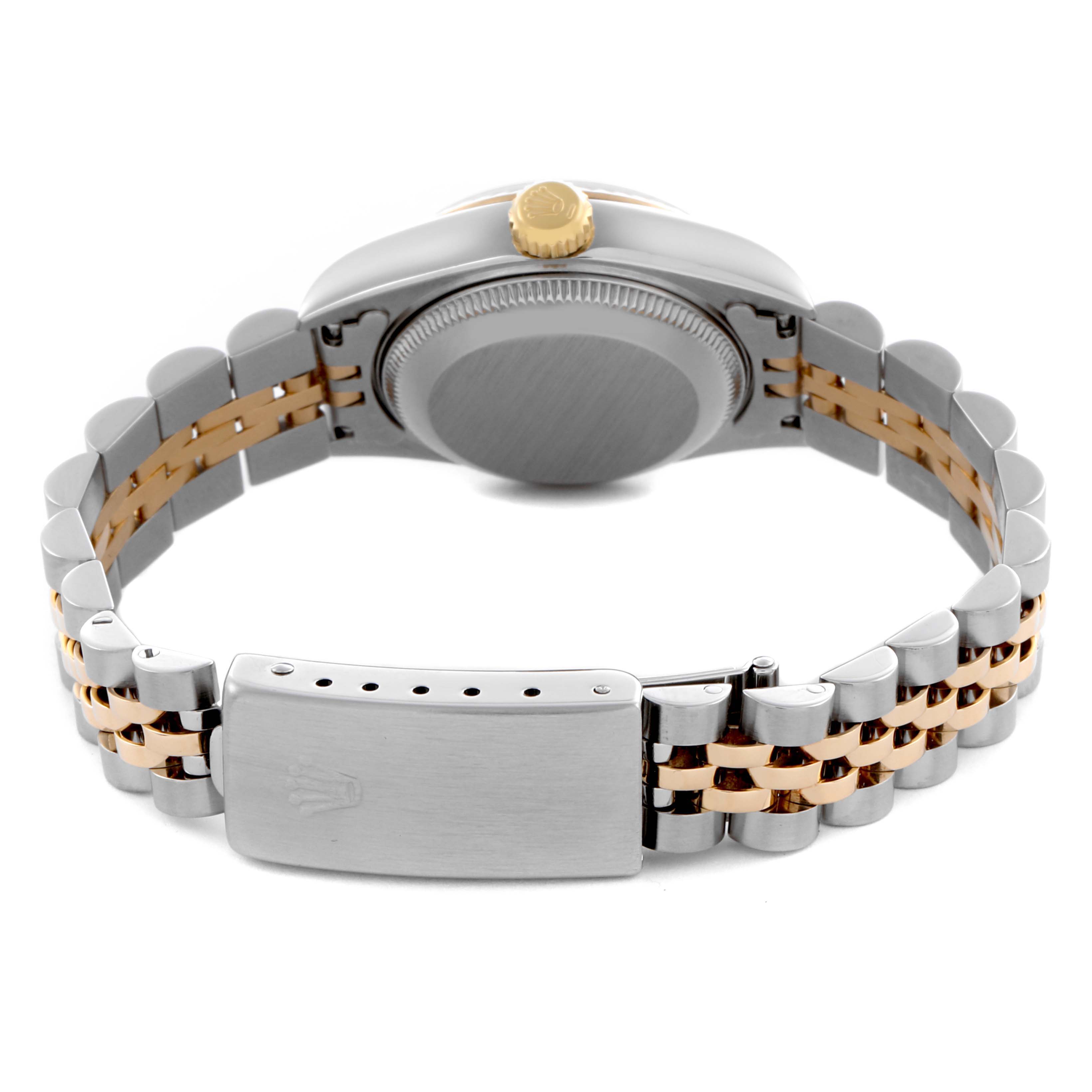 The Rolex Datejust 69173 Women's Steel and Gold (two tone) White Dial 69173 Women's Steel and Gold (two tone) White Dial is shown from the back, highlighting the clasp, bracelet, and partially the case with crown detail.