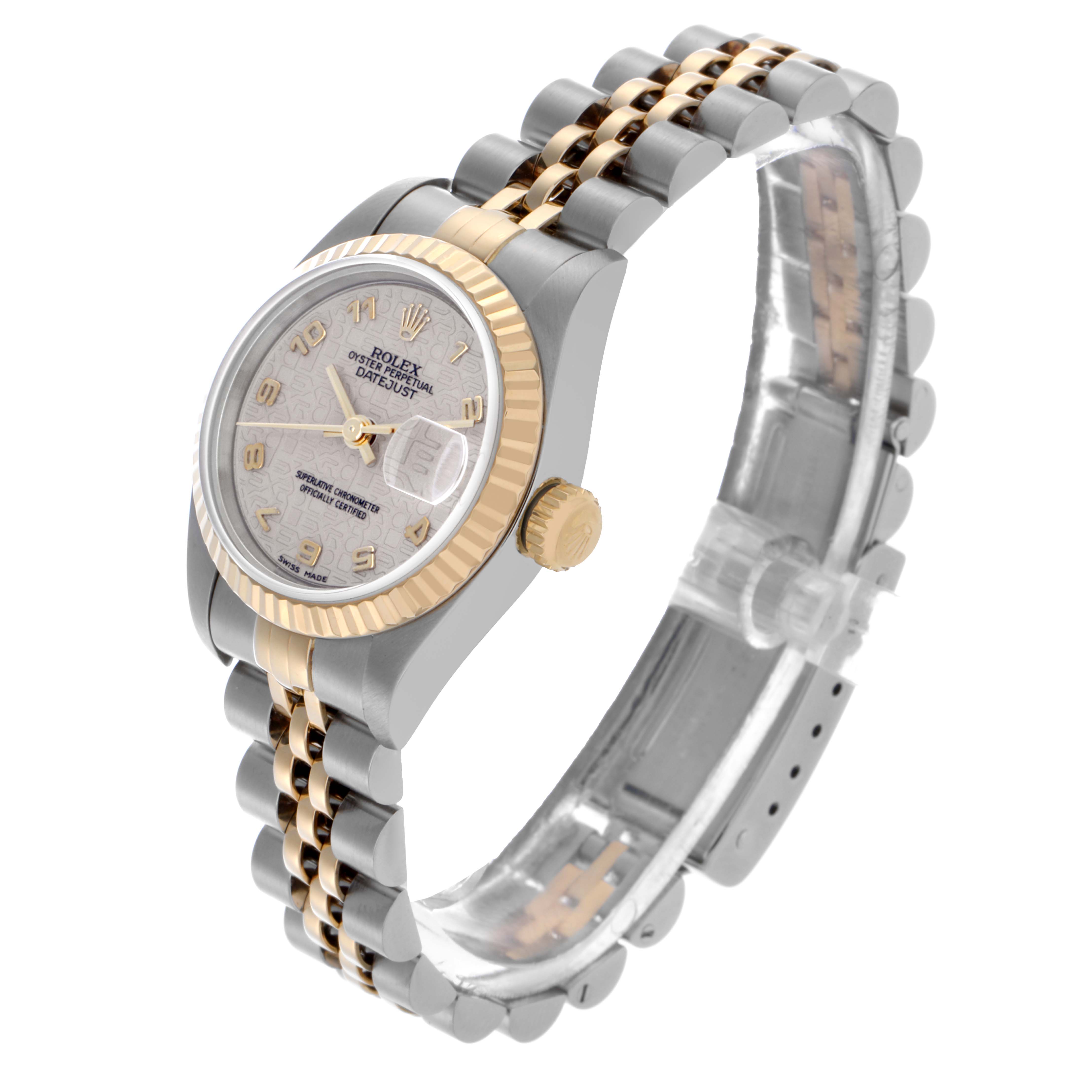 The Rolex Datejust 69173 Women's Steel and Gold (two tone) White Dial 69173 Women's Steel and Gold (two tone) White Dial watch is shown at a slight angle, displaying the face, bezel, bracelet, and crown.