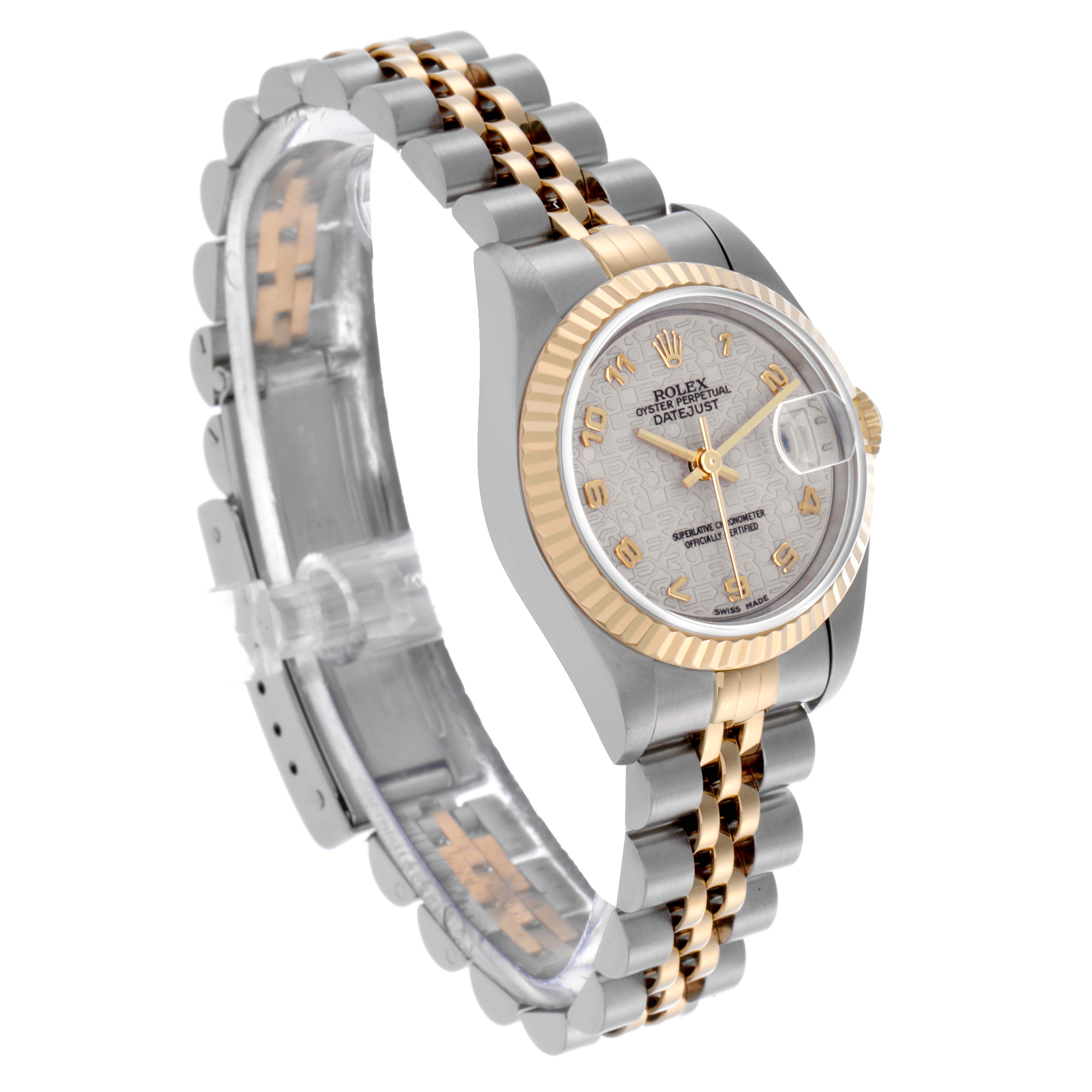 The Rolex Datejust 69173 Women's Steel and Gold (two tone) White Dial 69173 Women's Steel and Gold (two tone) White Dial watch is shown at a three-quarter angle, highlighting the face, bezel, and two-tone bracelet.