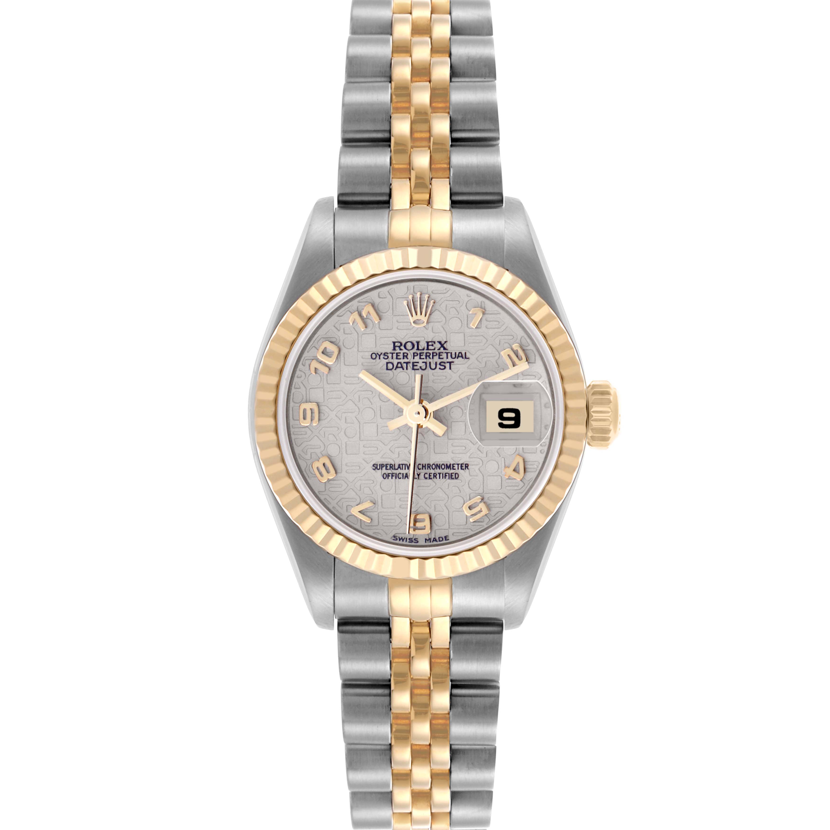 The Rolex Datejust 69173 Women's Steel and Gold (two tone) White Dial 69173 Women's Steel and Gold (two tone) White Dial watch is shown from a front angle, highlighting its dial, bezel, bracelet, and crown.