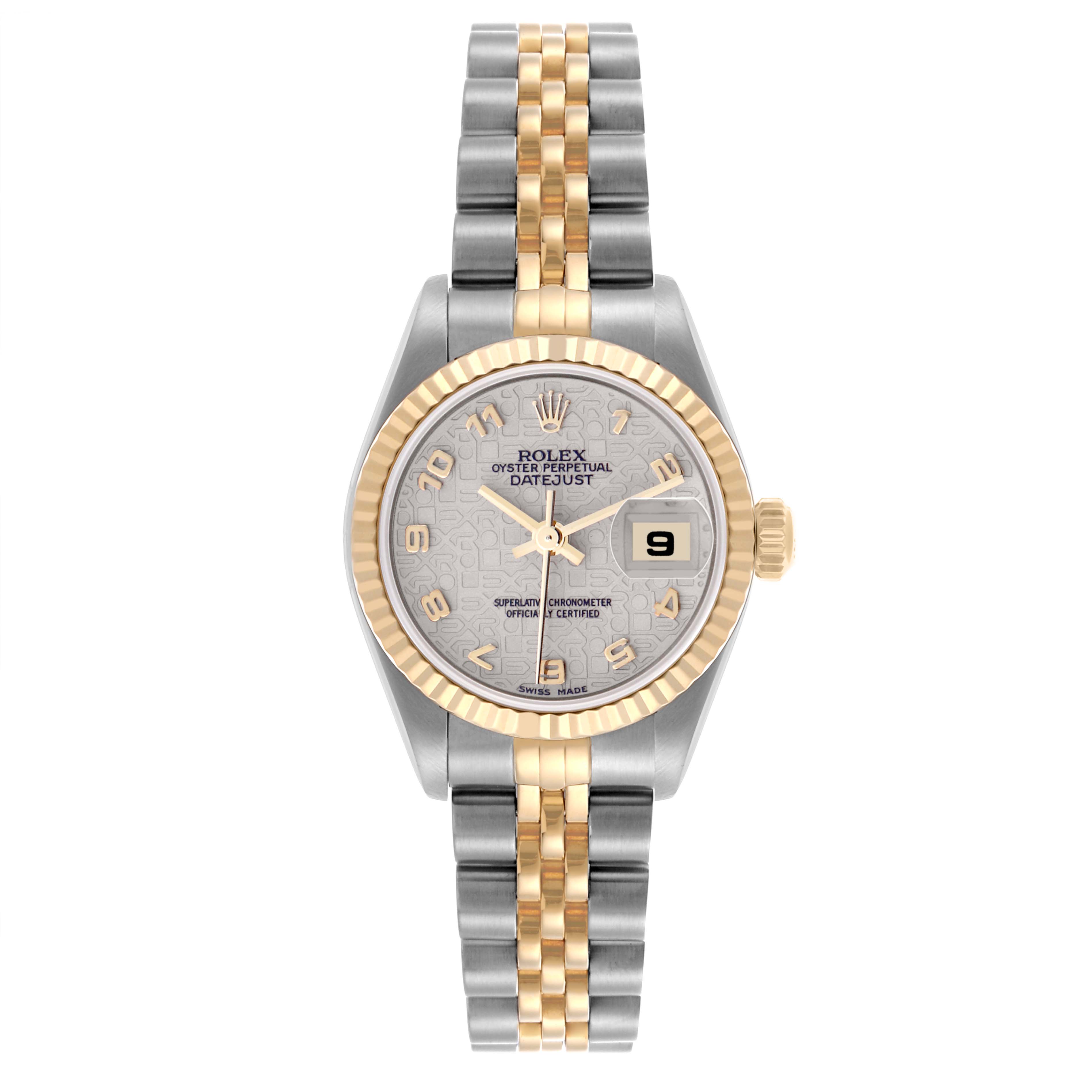 The Rolex Datejust 69173 Women's Steel and Gold (two tone) White Dial 69173 Women's Steel and Gold (two tone) White Dial watch is shown from the front, displaying the dial, bezel, case, crown, and bracelet.