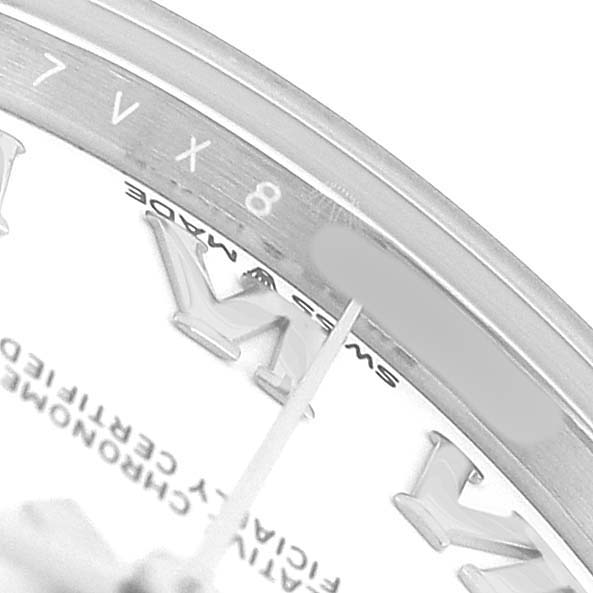 The image shows a close-up of the dial and bezel with Roman numerals and part of the inner rim of a Rolex Datejust 278240 Women's Stainless Steel White Dial watch at an oblique angle.