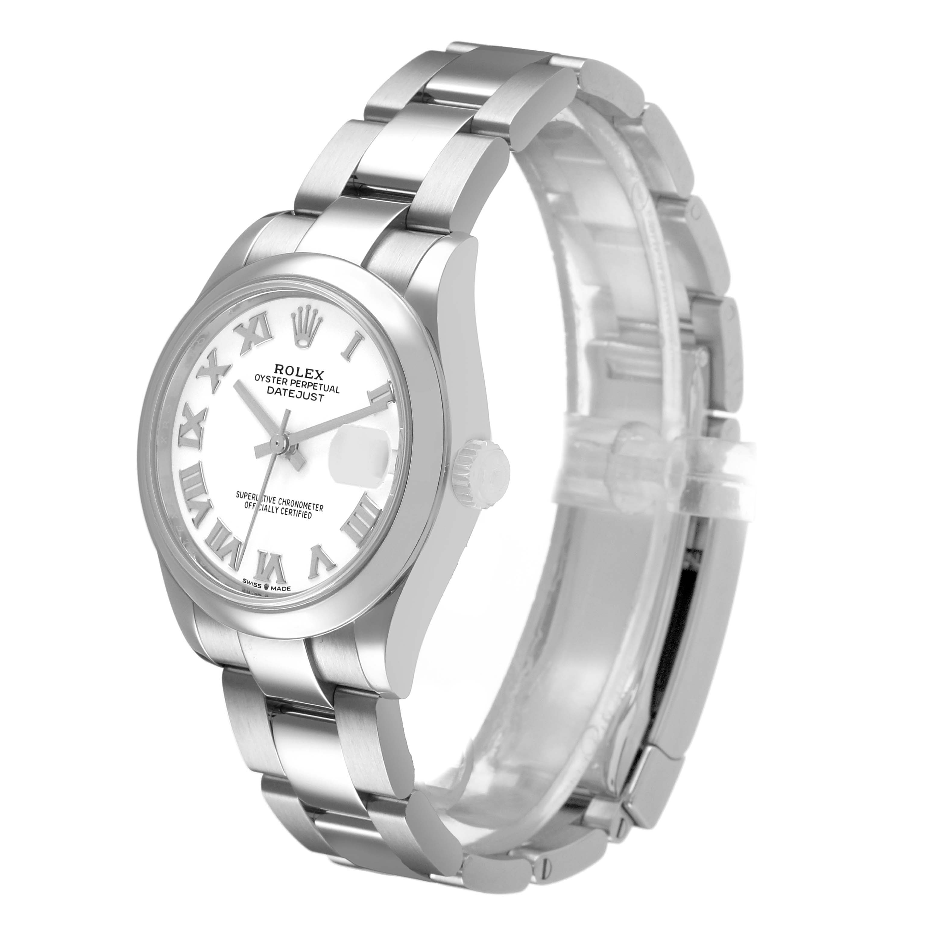 The Rolex Datejust 278240 Women's Stainless Steel White Dial watch is shown at a three-quarter angle, highlighting the face, bezel, bracelet, and crown.