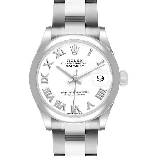 The Rolex Datejust 278240 Women's Stainless Steel White Dial watch is shown from the front, highlighting its dial, hands, bezel, and bracelet.