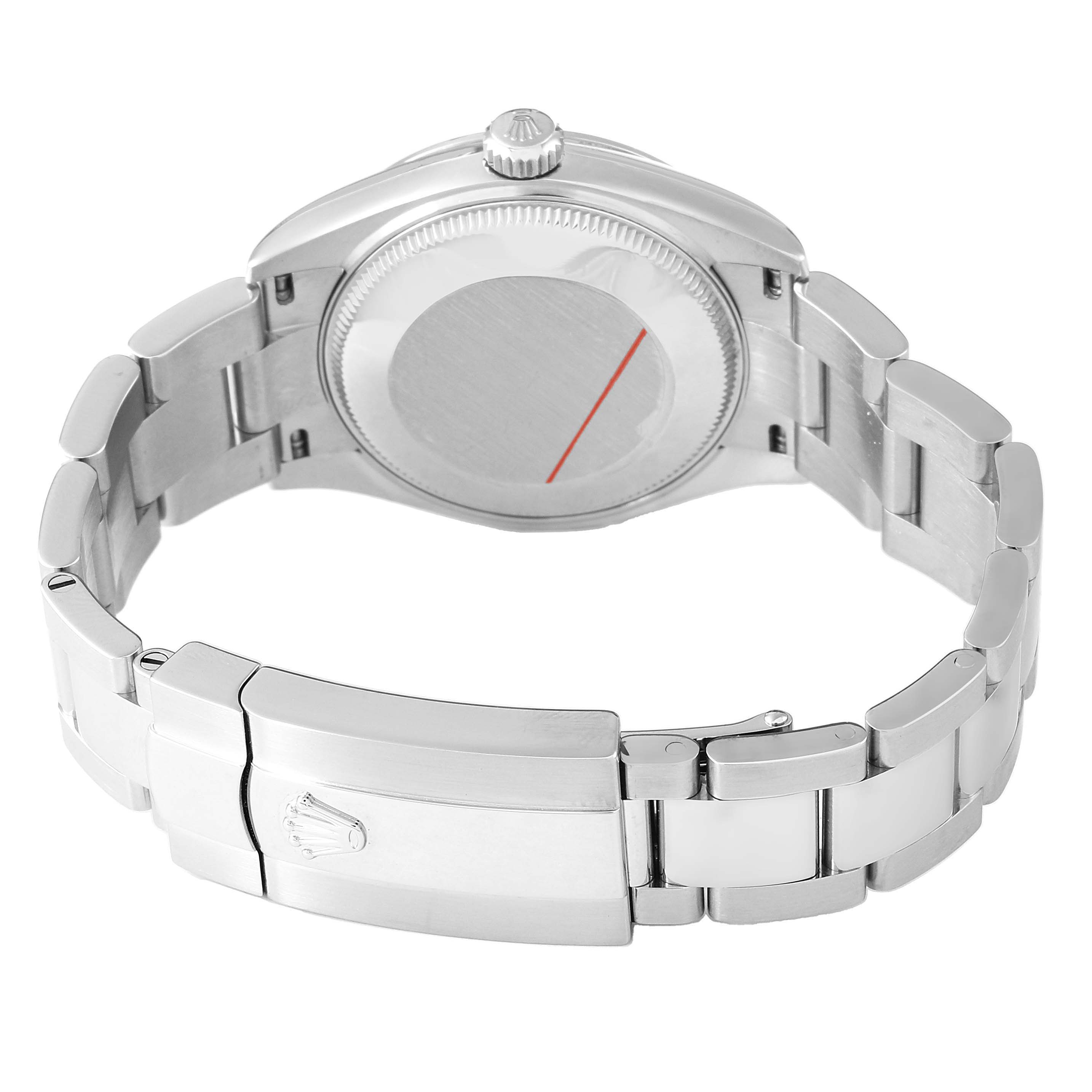 The image shows the back of a Rolex Datejust 278240 Women's Stainless Steel White Dial watch, highlighting the case back, crown, and bracelet clasp.