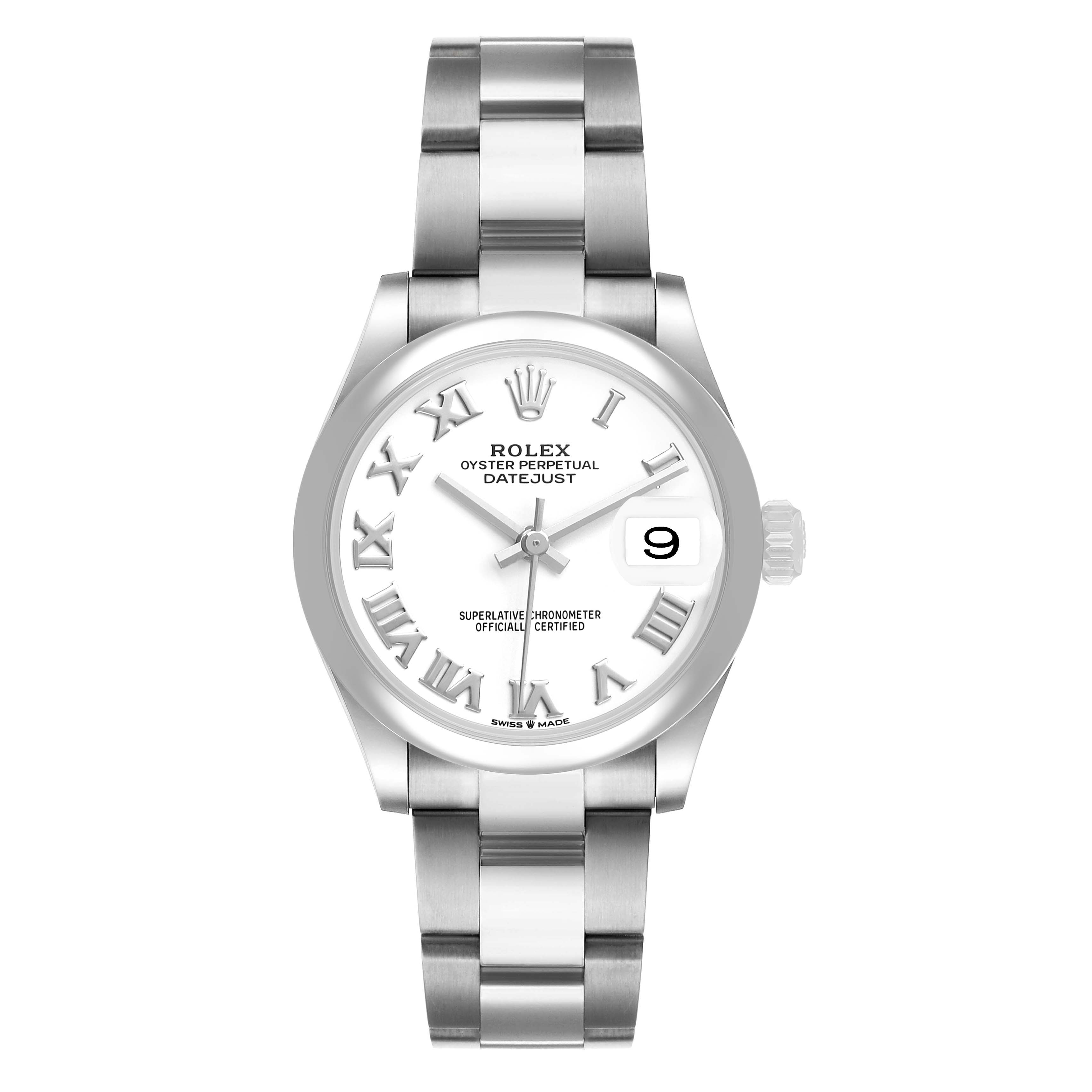 The image shows a front view of the Rolex Datejust 278240 Women's Stainless Steel White Dial watch, featuring its dial, bezel, and bracelet.