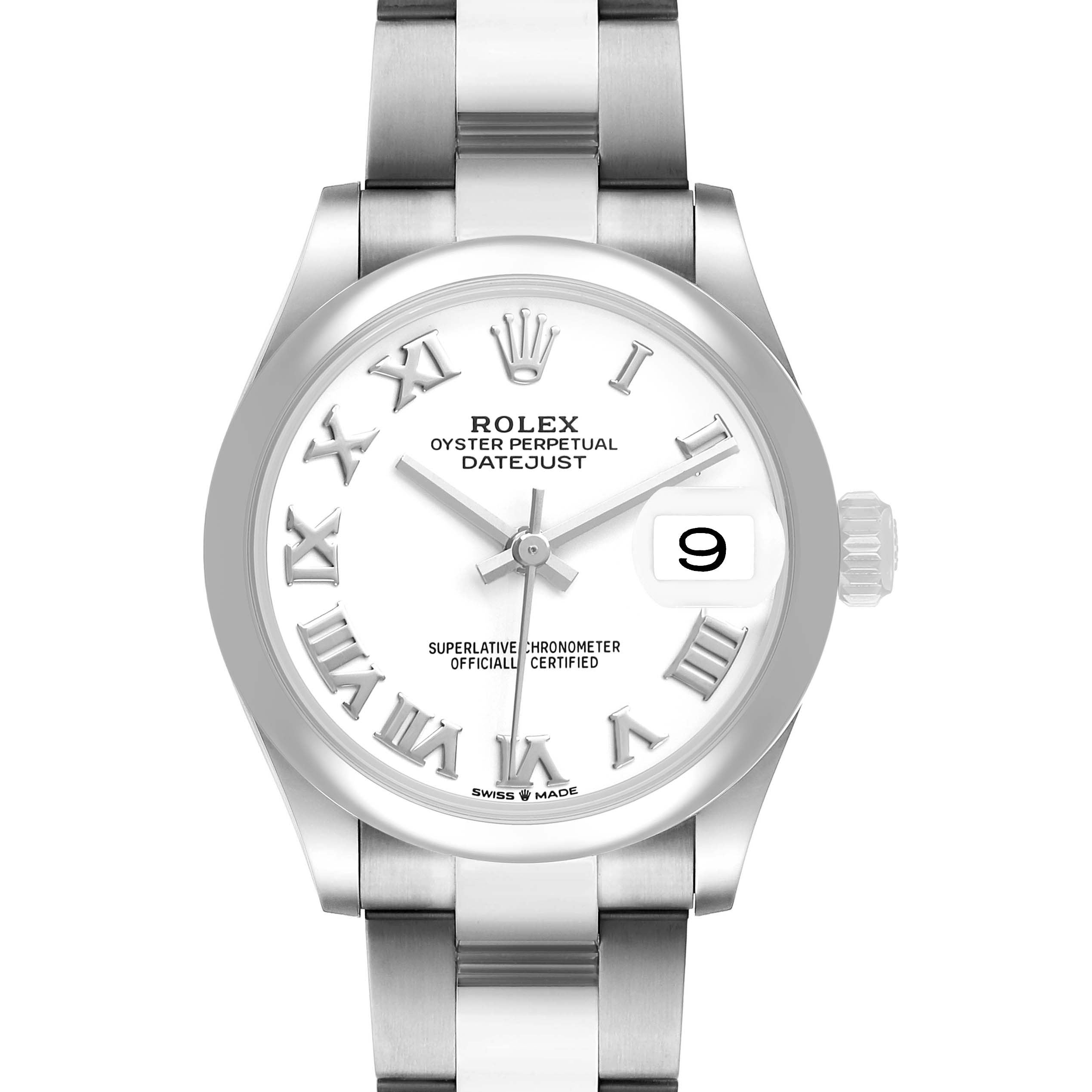 The Rolex Datejust 278240 Women's Stainless Steel White Dial watch is shown from a front angle, displaying the dial, bezel, crown, and part of the bracelet.