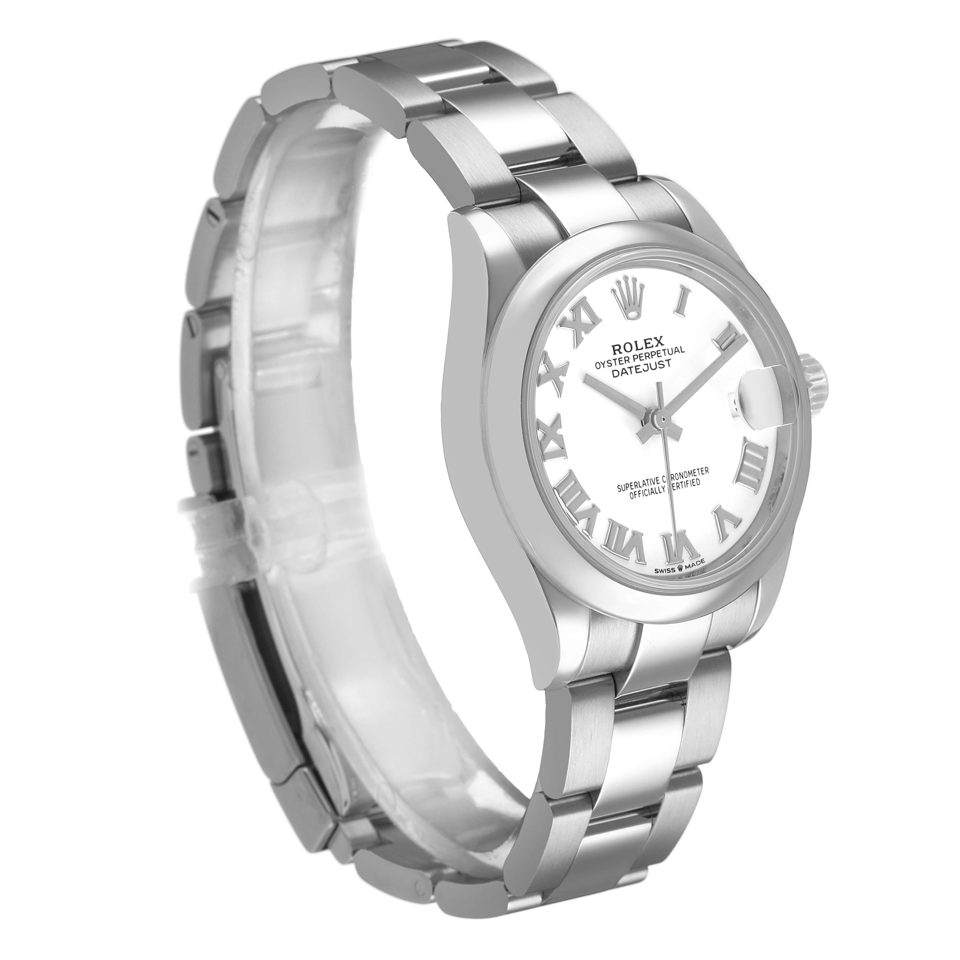 The Rolex Datejust 278240 Women's Stainless Steel White Dial watch is shown at a three-quarter angle, highlighting the face, bezel, and bracelet.