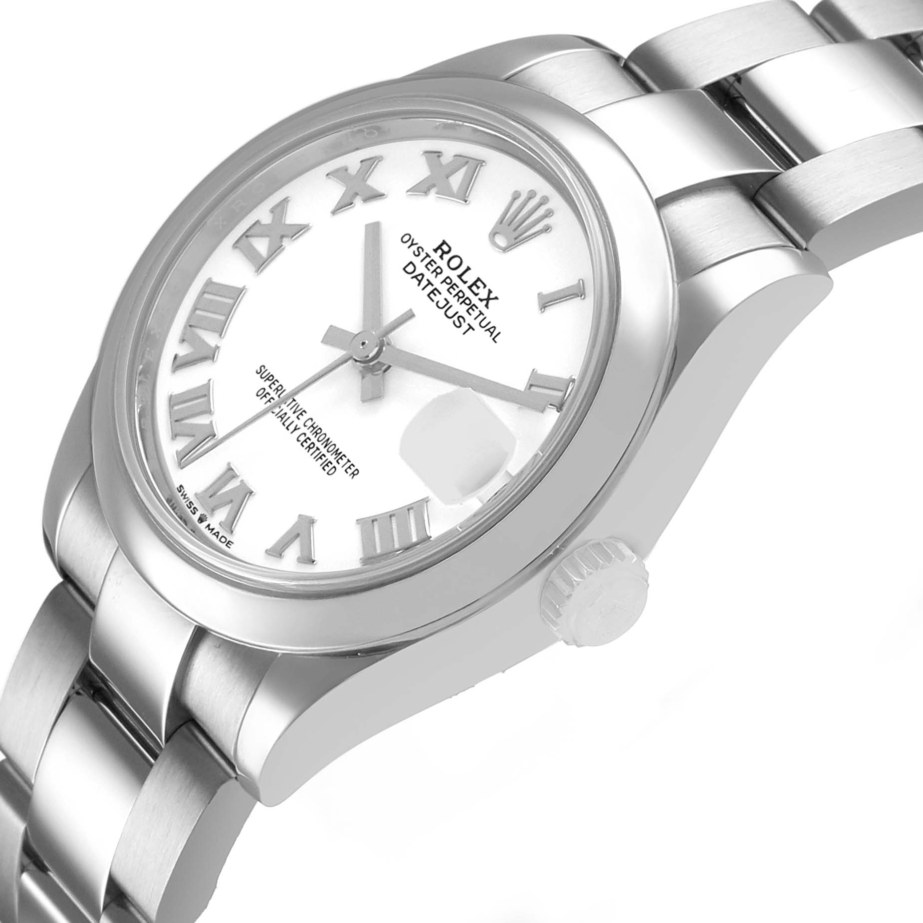 The Rolex Datejust 278240 Women's Stainless Steel White Dial watch is shown at a tilted angle, highlighting the face, crown, and part of the bracelet.