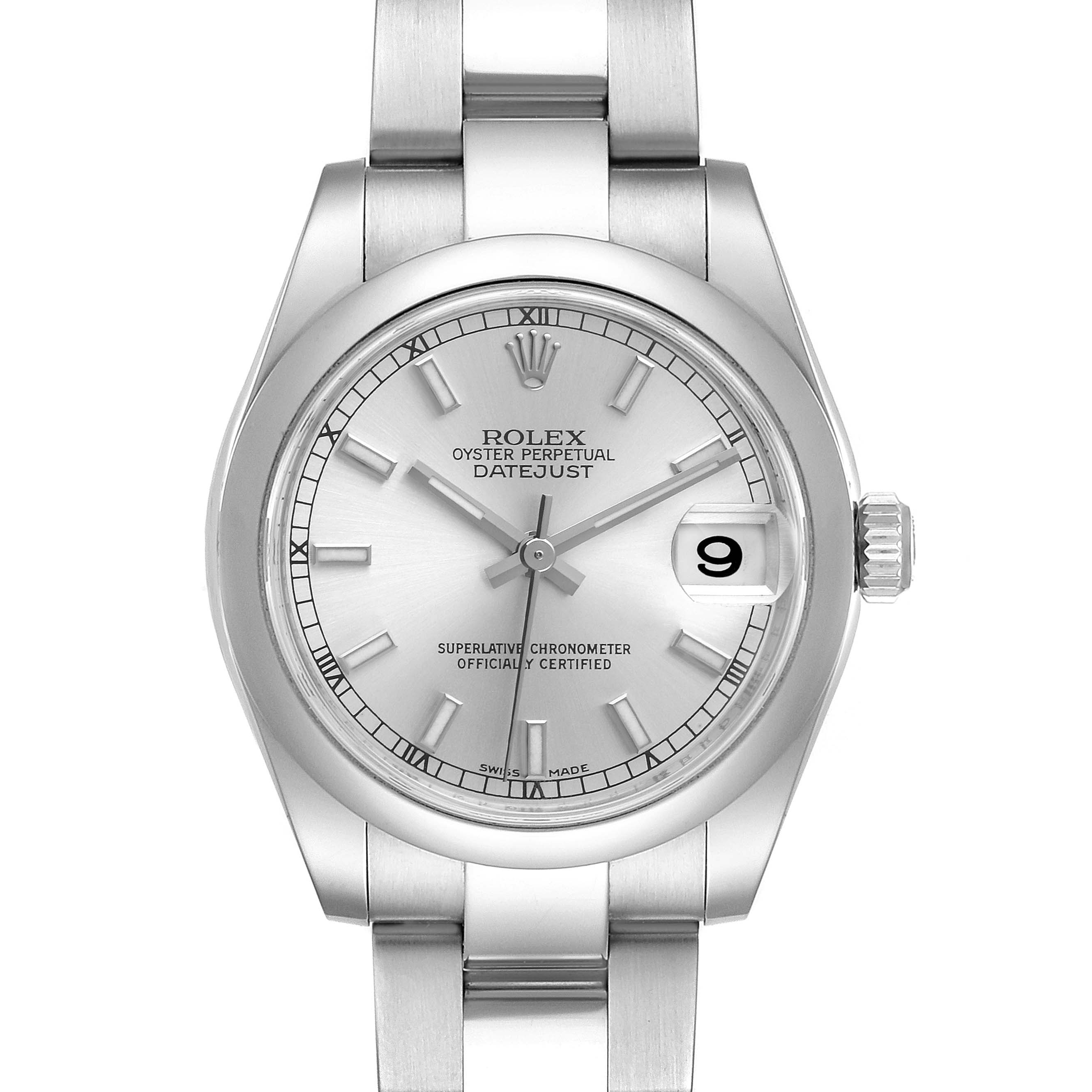 The image shows a front view of the Rolex Oyster Perpetual Datejust Mid-Size watch, highlighting its dial, hands, date window, and part of the bracelet.