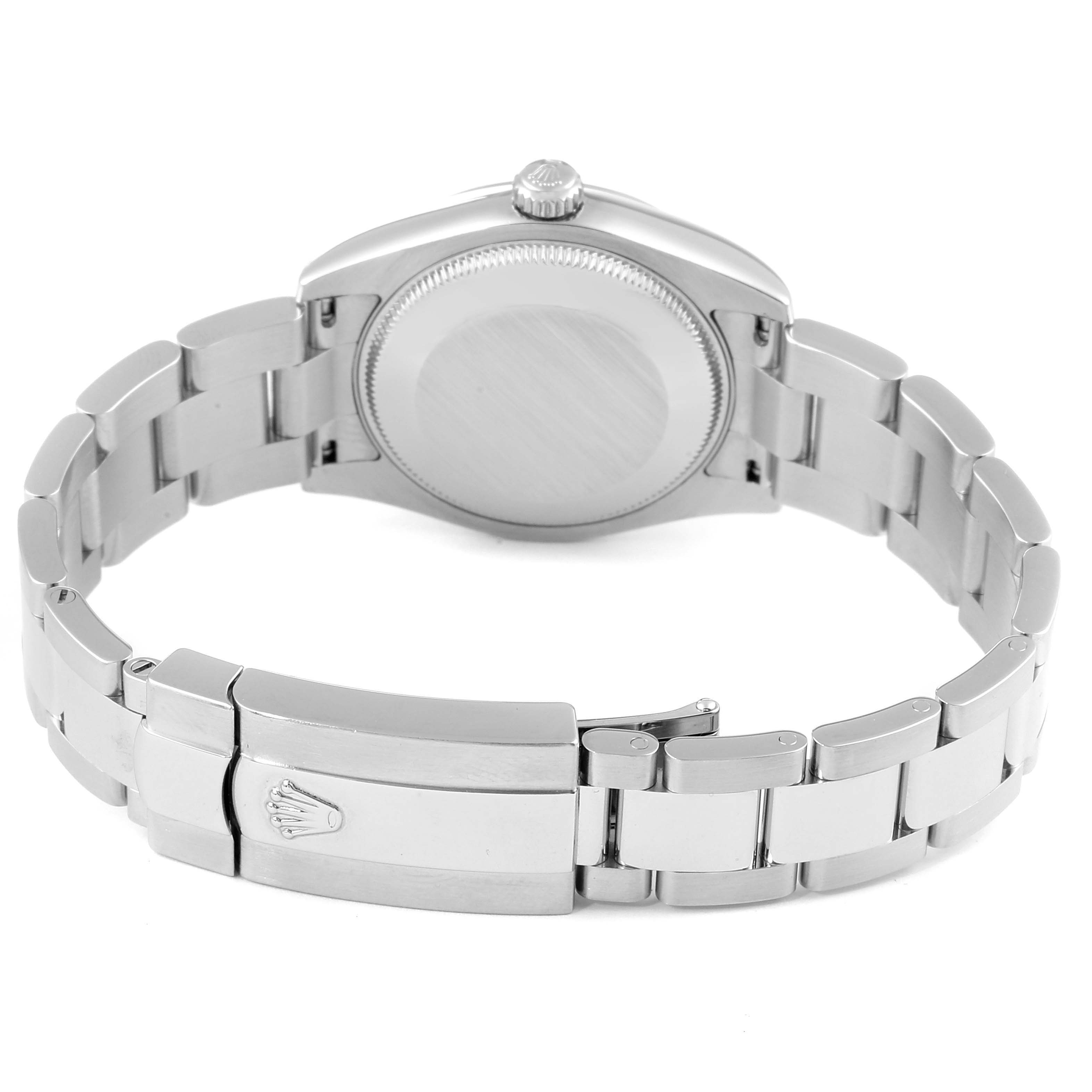 This image shows the back and clasp of a Rolex Mid-Size 178240 Women's Stainless Steel Silver Dial 178240 Women's Stainless Steel Silver Dial model watch.