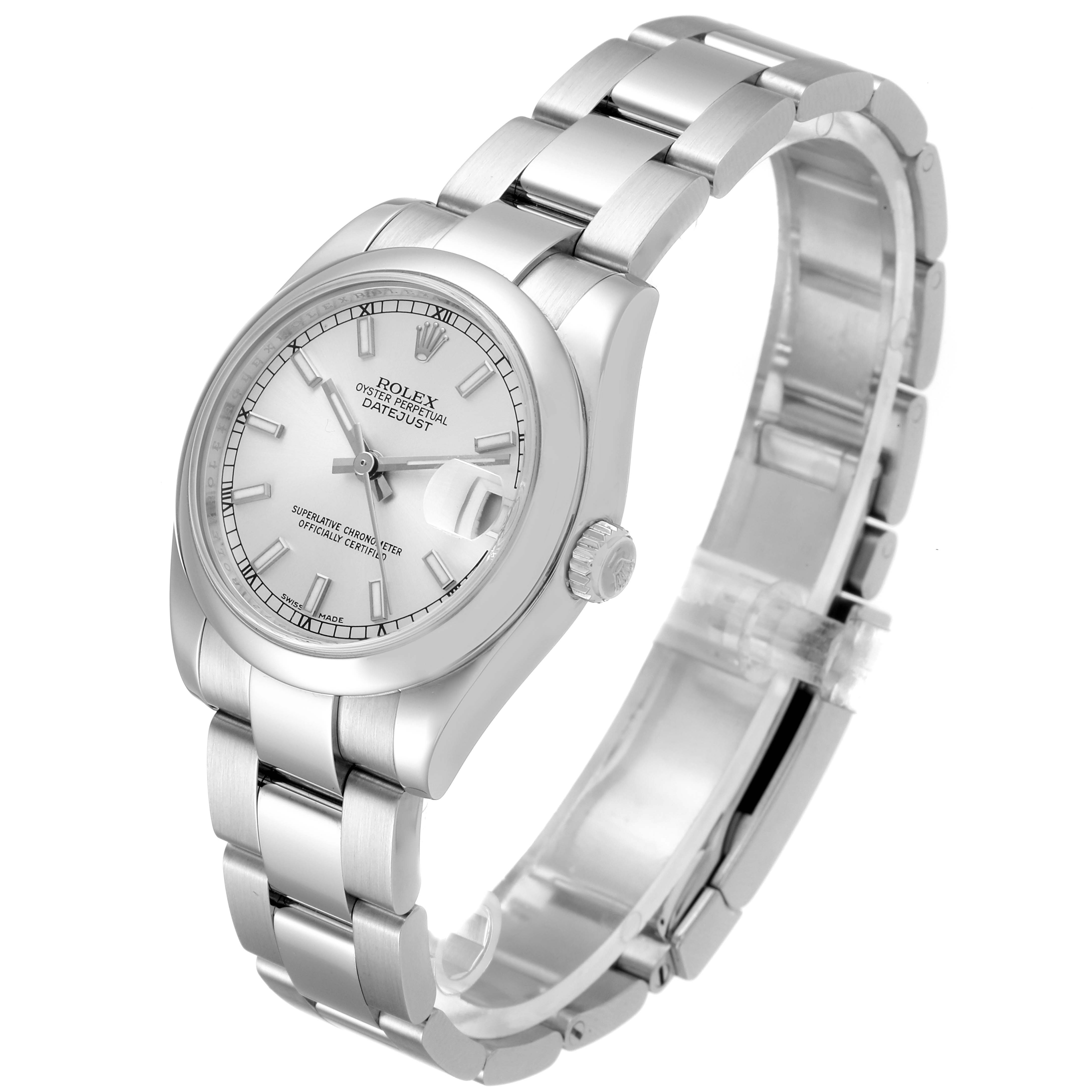 The image shows a side angle view of a Mid-Size Rolex Datejust watch, showcasing its stainless steel case, bracelet, and dial.