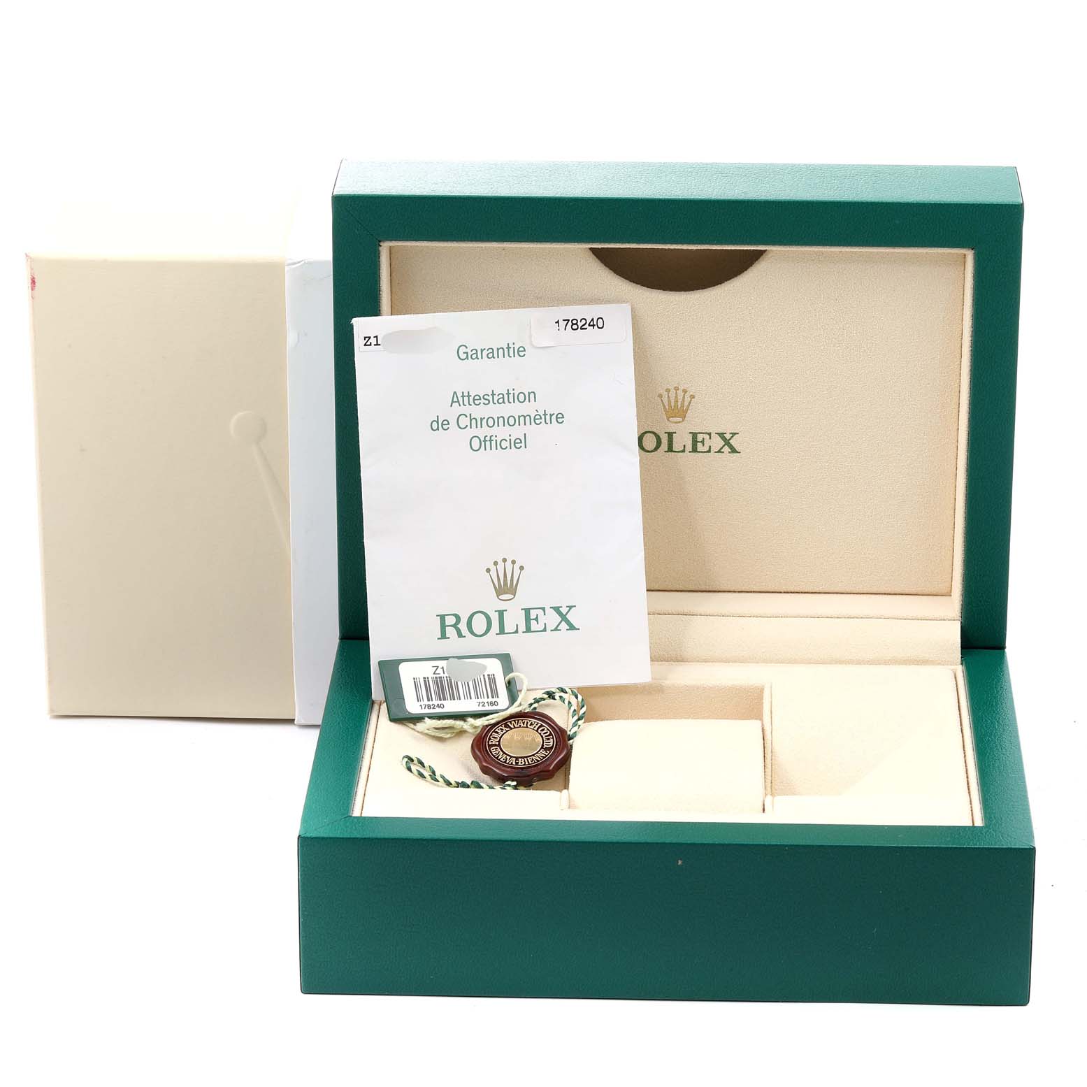 The image shows an open Rolex Mid-Size 178240 Women's Stainless Steel Silver Dial 178240 Women's Stainless Steel Silver Dial model watch box with documentation and tags placed inside.