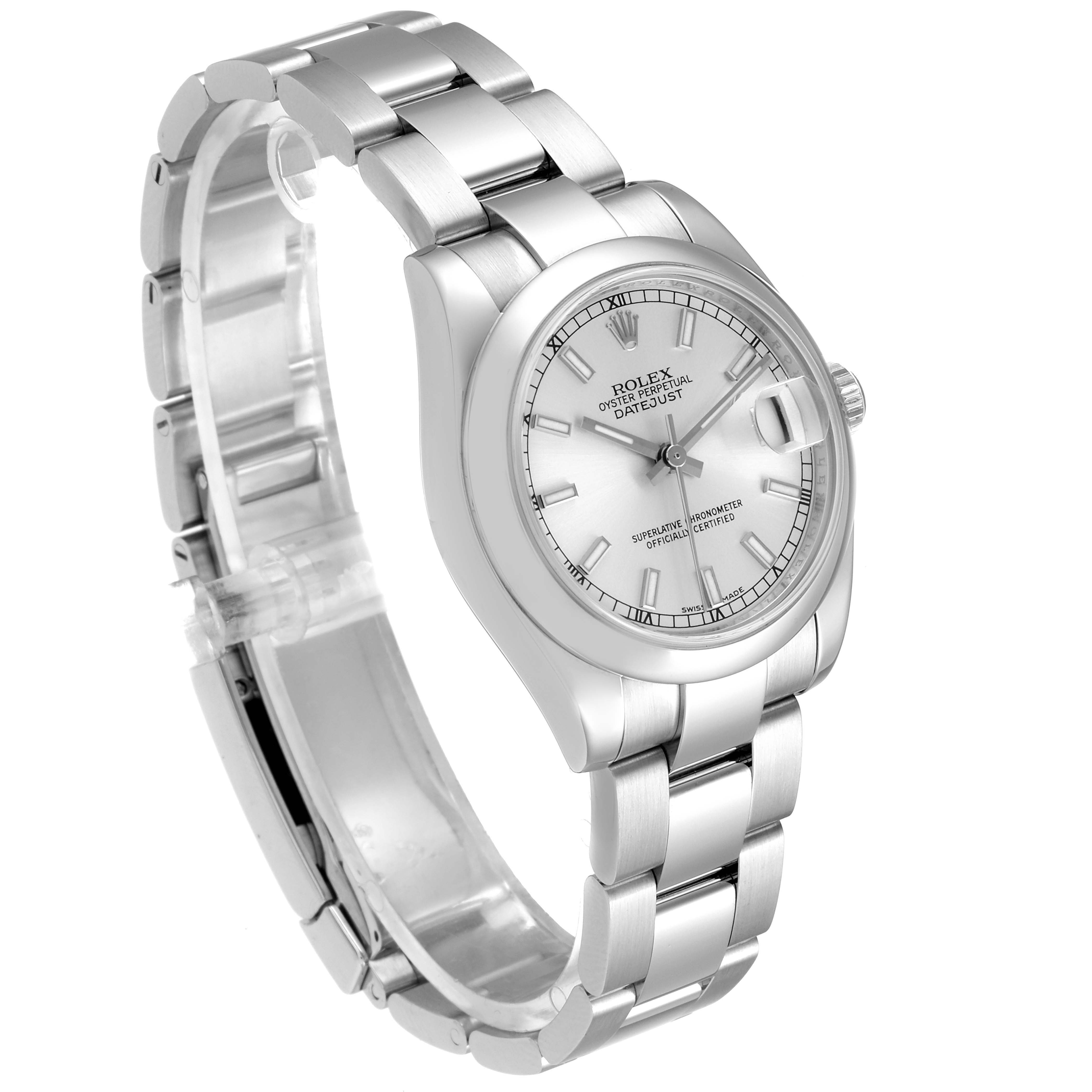 The image shows a side angle of the Rolex Mid-Size 178240 Women's Stainless Steel Silver Dial 178240 Women's Stainless Steel Silver Dial Datejust watch, displaying the face, bezel, and bracelet.